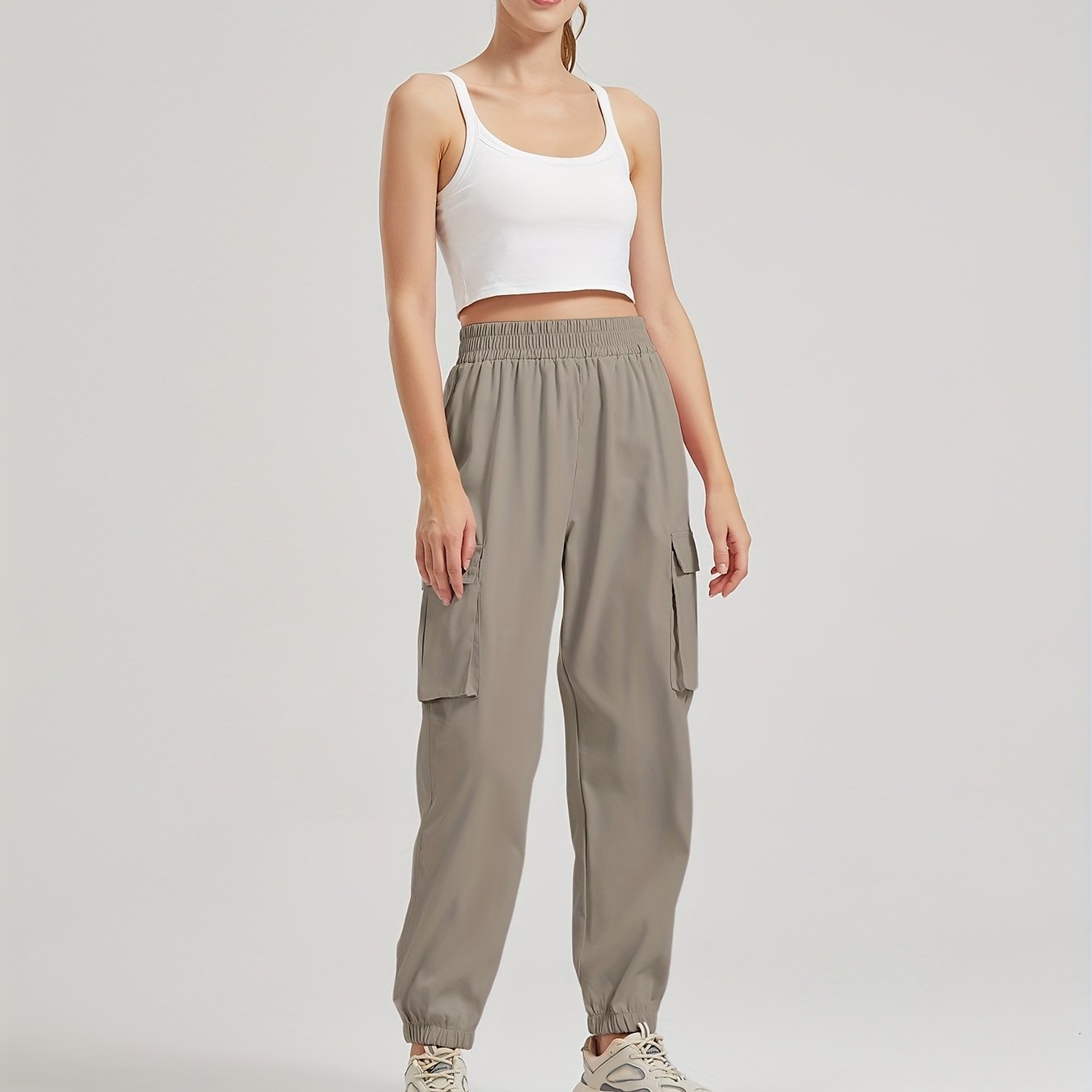 vlovelaw Solid Color Casual Joggers Sweatpant, Cargo Loose High Waisted Pants With Pockets, Women's Athleisure