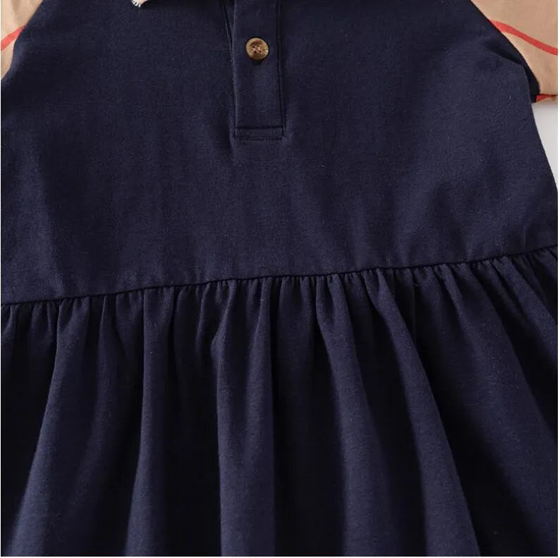 Summer Baby Girls Princess Dresses Cotton Kids Short Sleeve Plaid Dress Girl Turn-Down Collar Dress Children Skirt