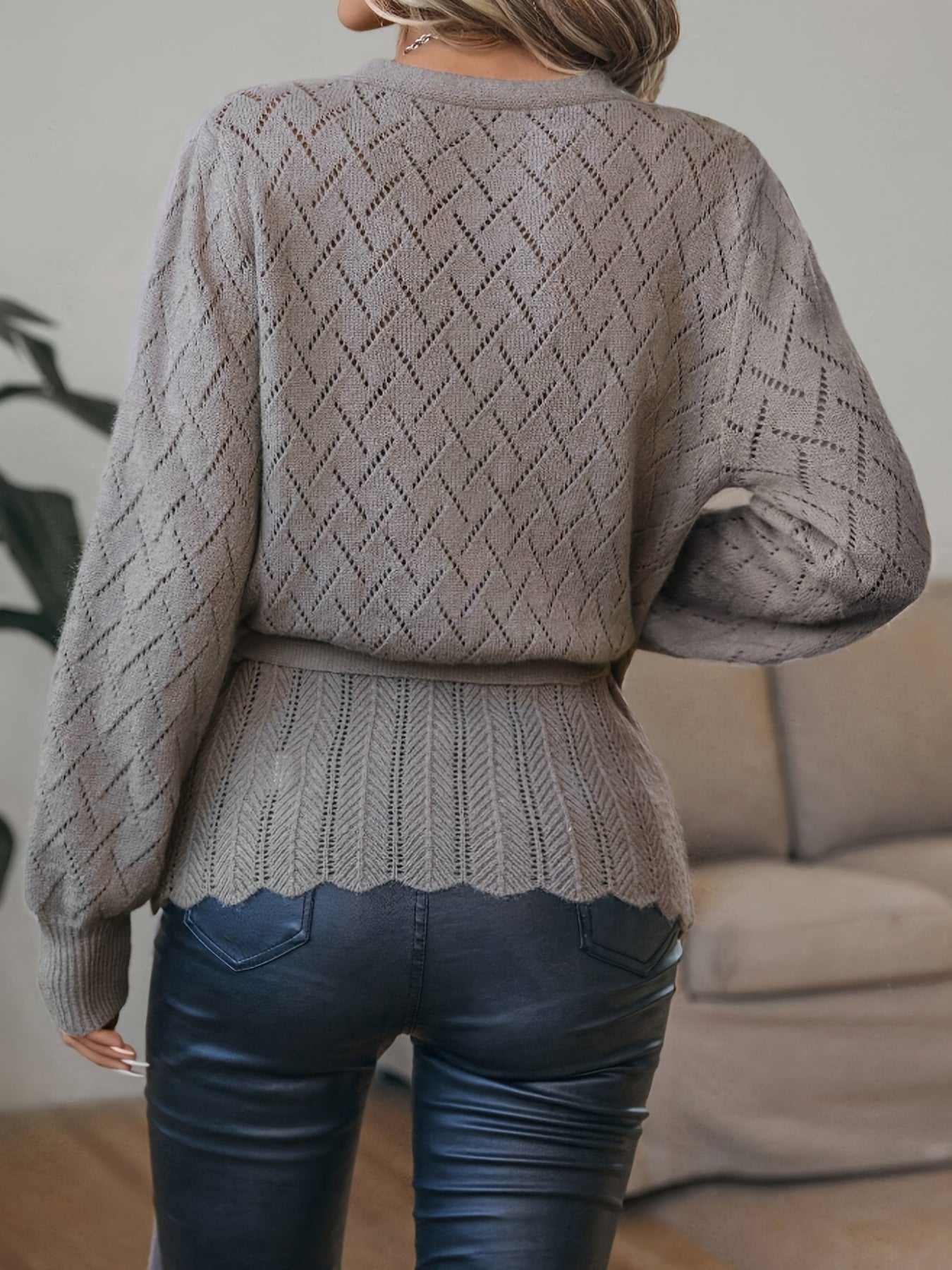 vlovelaw Solid Surplice Neck Pointelle Knit Sweater, Casual Long Sleeve Tie Loose Sweater, Women's Clothing