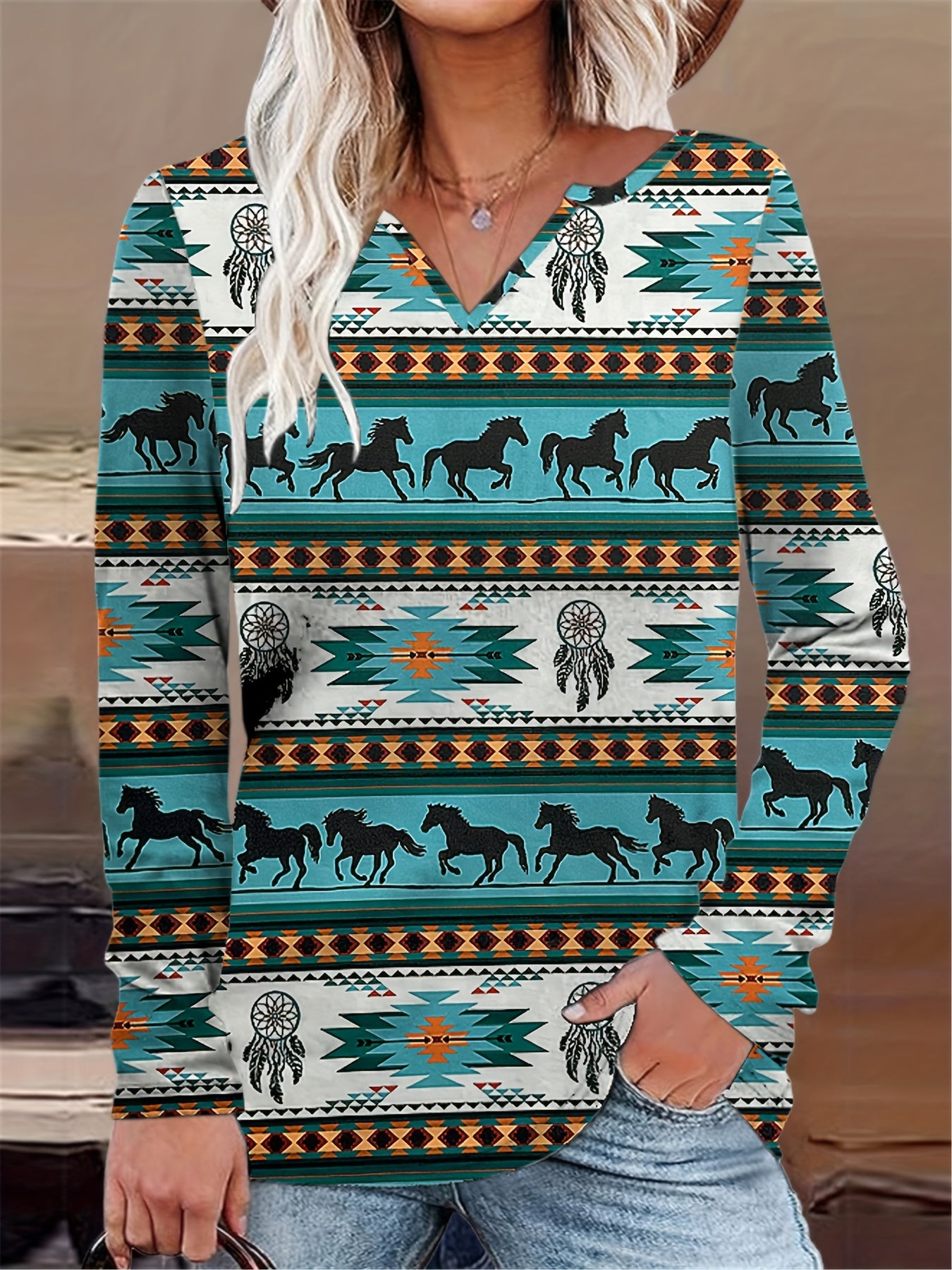 Aztec Print Notched Neck T-shirt, Boho Long Sleeve Ethnic T-shirt, Women's Clothing