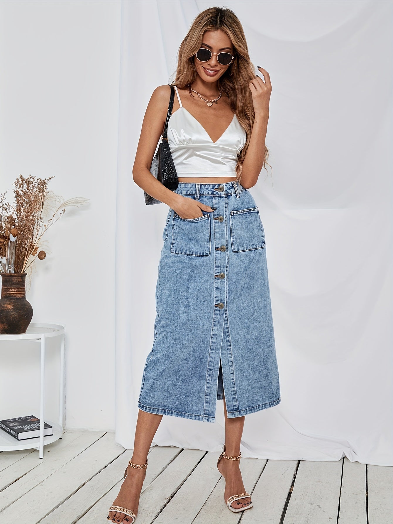vlovelaw Single-breasted Button Denim Skirts, Patched Pocket Slim Fitted Elegant Denim Skirts, Women's Denim Clothing