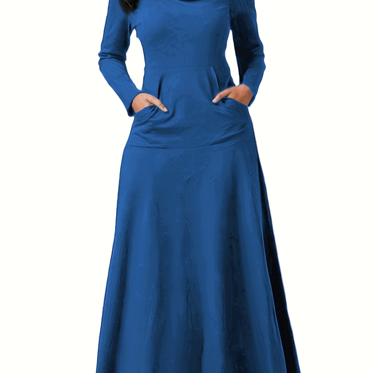 Plus Size Casual Dress, Women's Plus Solid Long Sleeve Turtleneck High Stretch Maxi Dress With Pockets