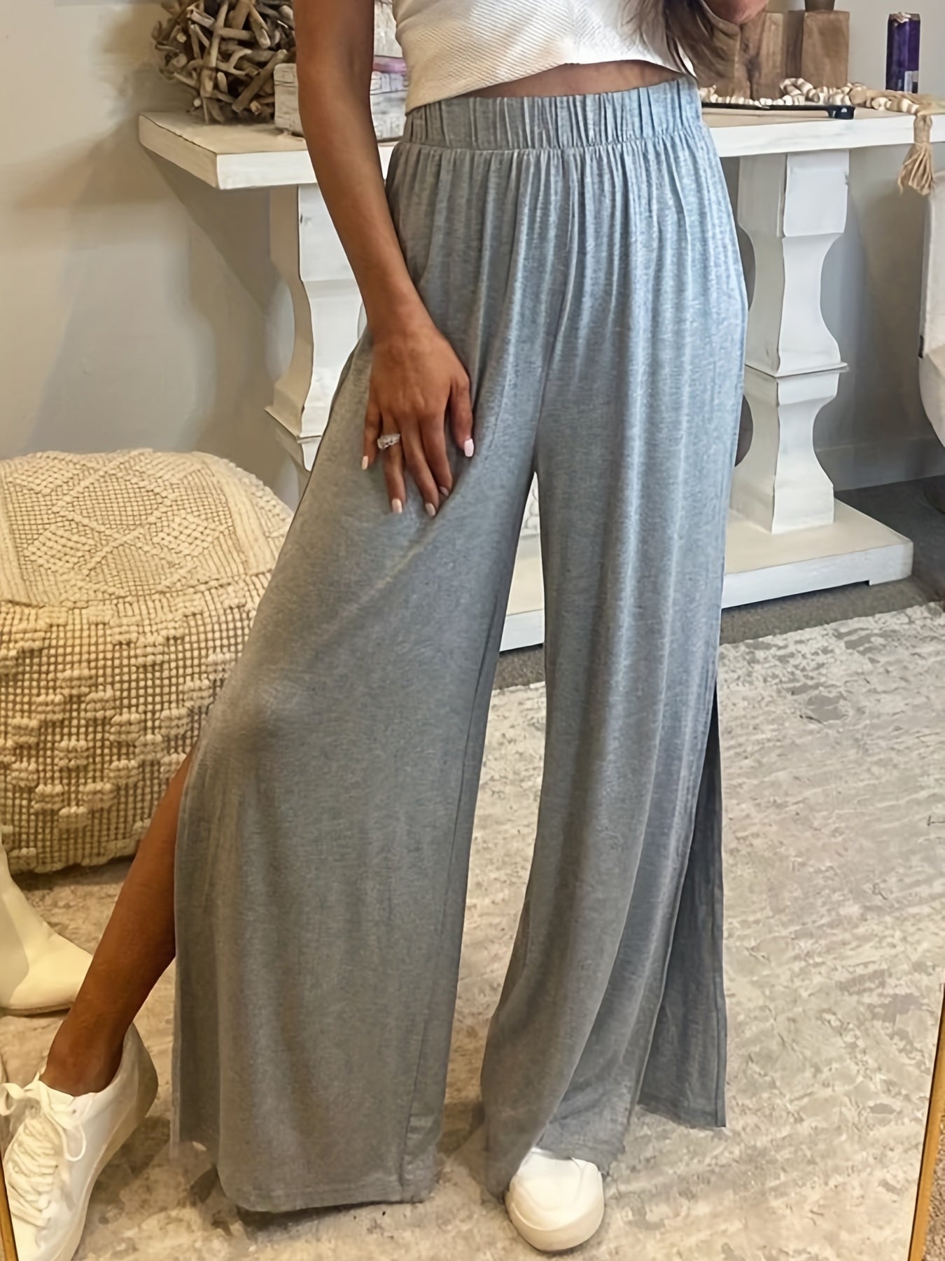 vlovelaw Solid Split Side Wide Leg Pants, Casual Loose Pants For Spring & Fall, Women's Clothing