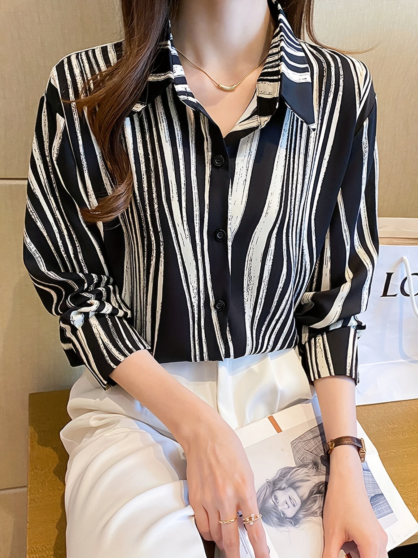 vlovelaw Striped Print Button Front Shirt, Versatile Long Sleeve Shirt For Spring & Fall, Women's Clothing