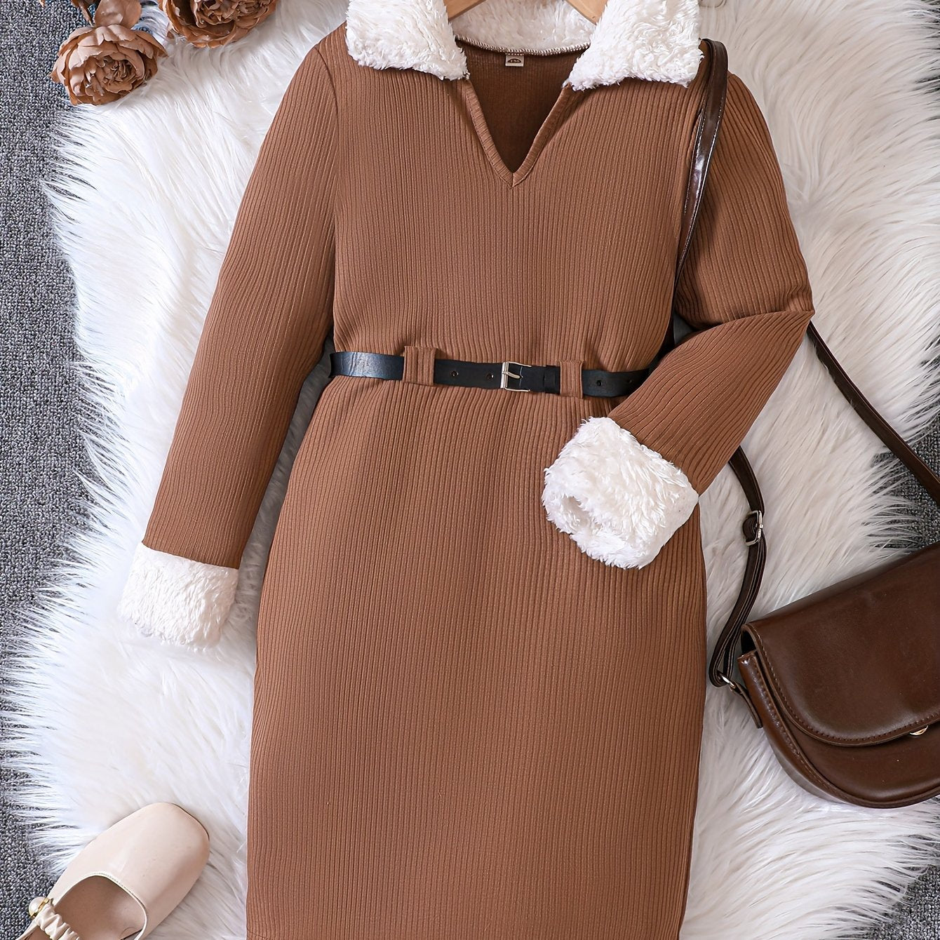 vlovelaw Elegant Girls' Ribbed Knit Fleece Collar Bodycon Dress With Belt Dress Kids Clothes For Party, Gift, Fall / Winter