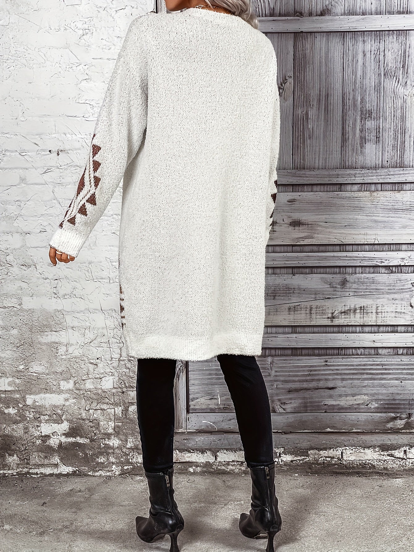 Argyle Print Knit Cardigan, Casual Open Front Long Sleeve Sweater, Women's Clothing