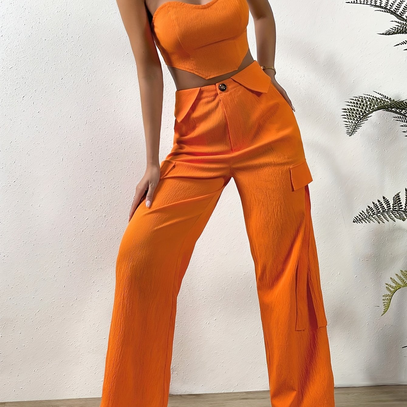 vlovelaw Solid Color Two-piece Set, Tie Back Tube Top & Button Long Pants Outfits, Women's Clothing