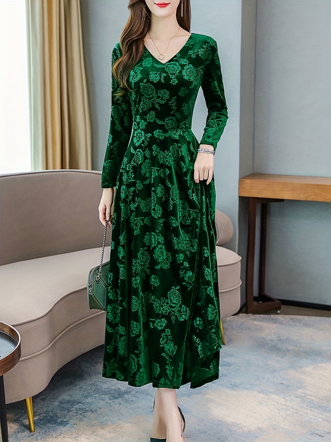 vlovelaw Floral Pattern Maxi Dress, Elegant V Neck Long Sleeve Dress, Women's Clothing