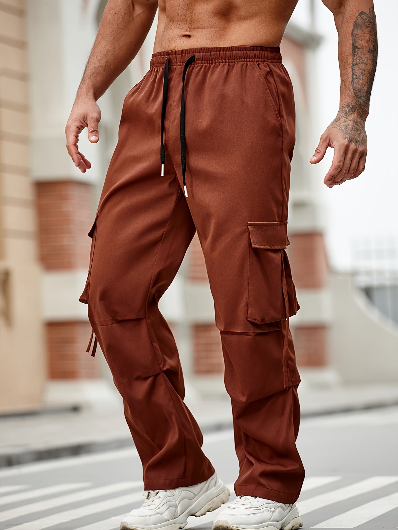 vlovelaw Solid Men's Chic Daily Cargo Pants With Big Pockets And Drawstring, All Seasons Outdoor Pants