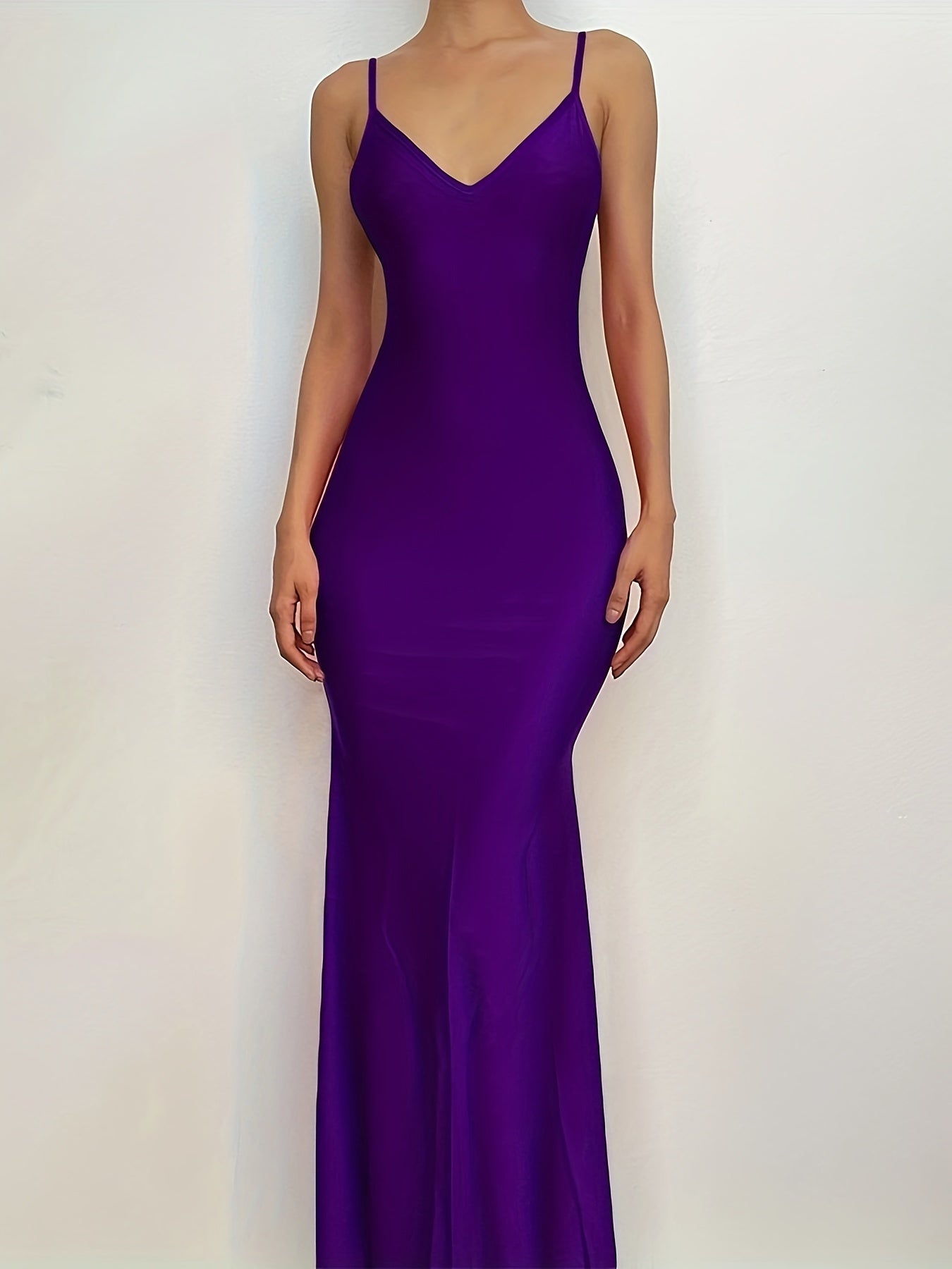 Backless Spaghetti Strap Dress, Sexy V Neck Solid Bodycon Party Club Dress, Women's Clothing