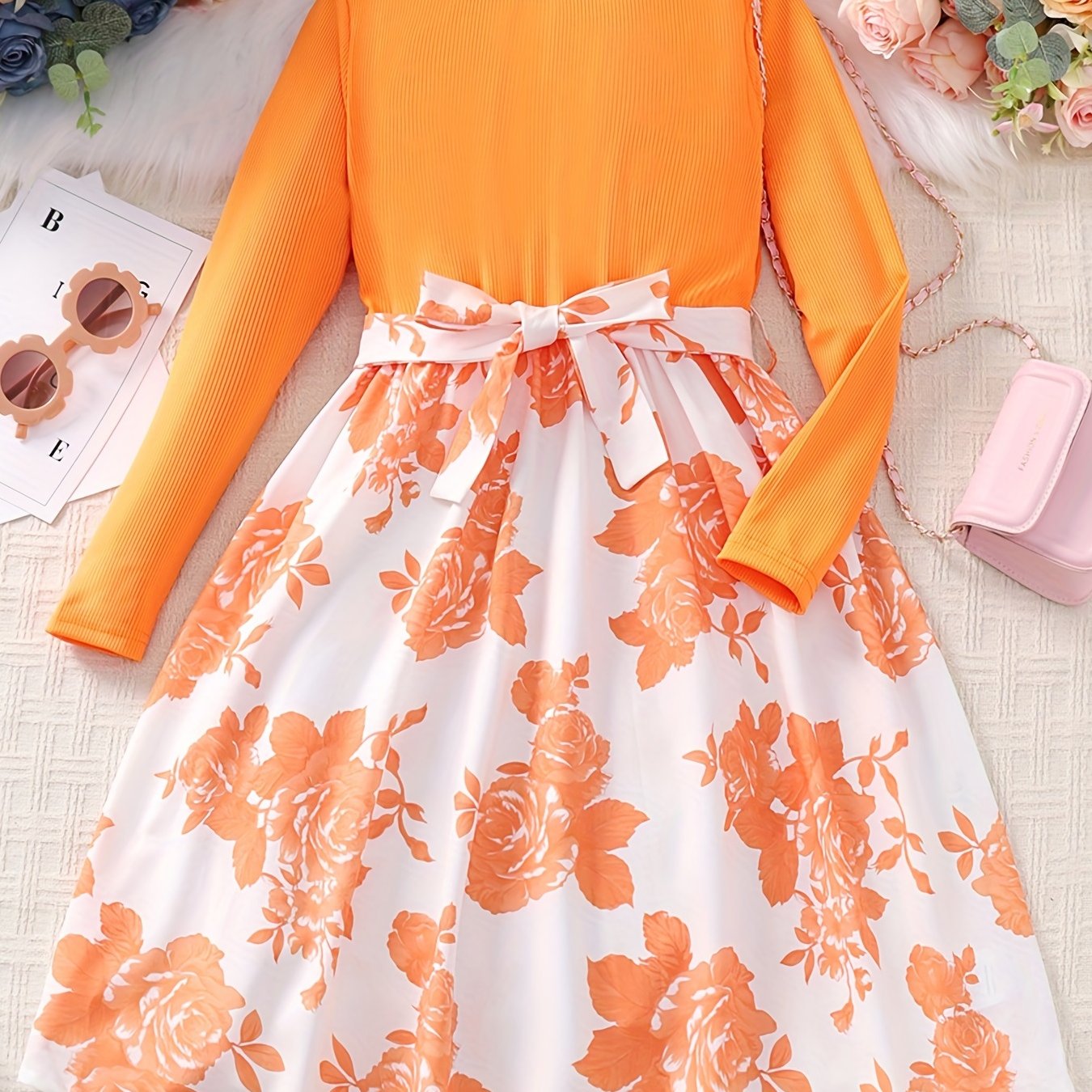 vlovelaw Girls Long Sleeves Round Neck Flowers Splicing Belted Dress For Party Kids Spring Clothes