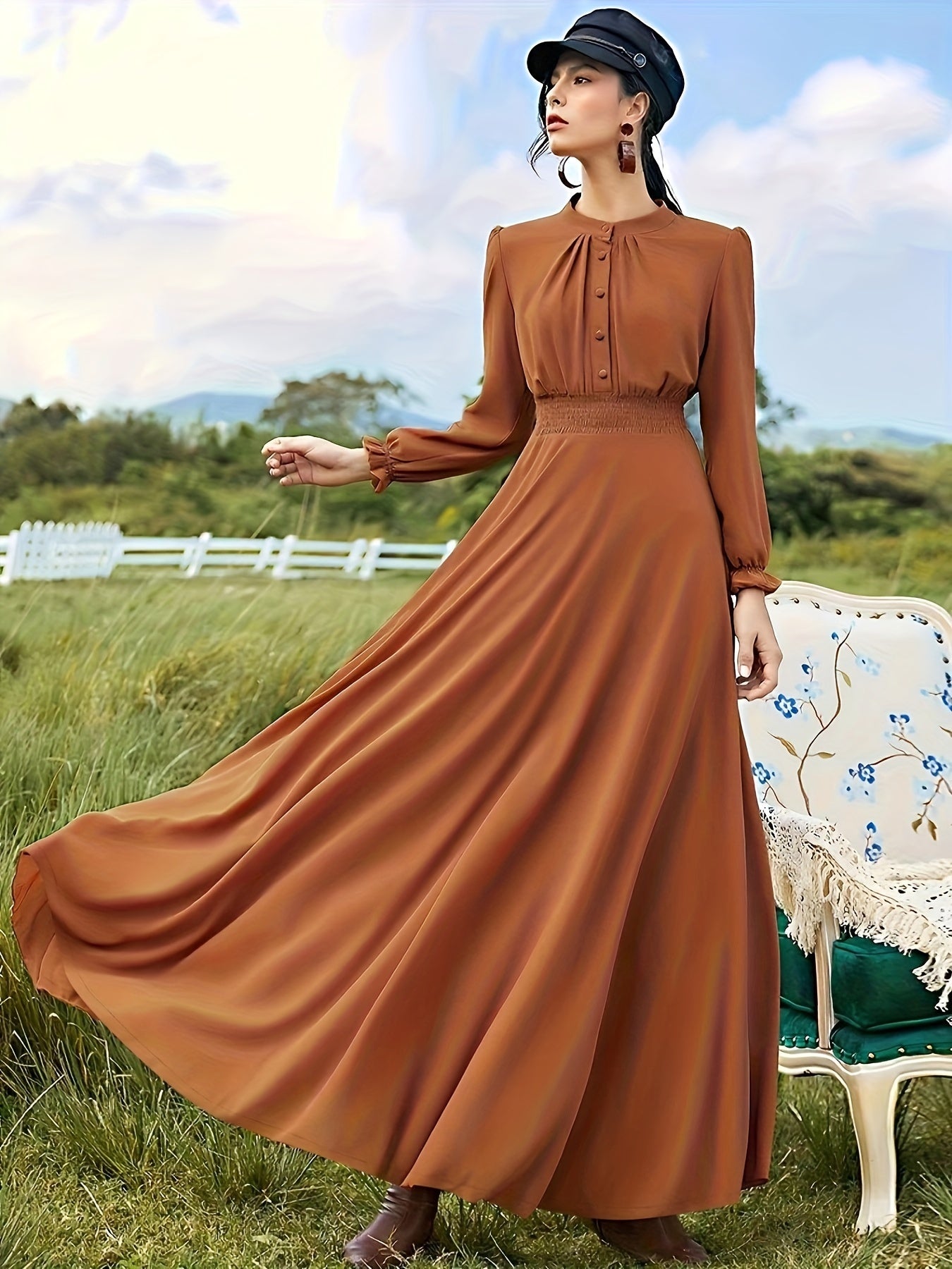 vlovelaw Solid Crew Neck Button Decor Burqas, Elegant Long Sleeve Maxi Dress, Women's Clothing