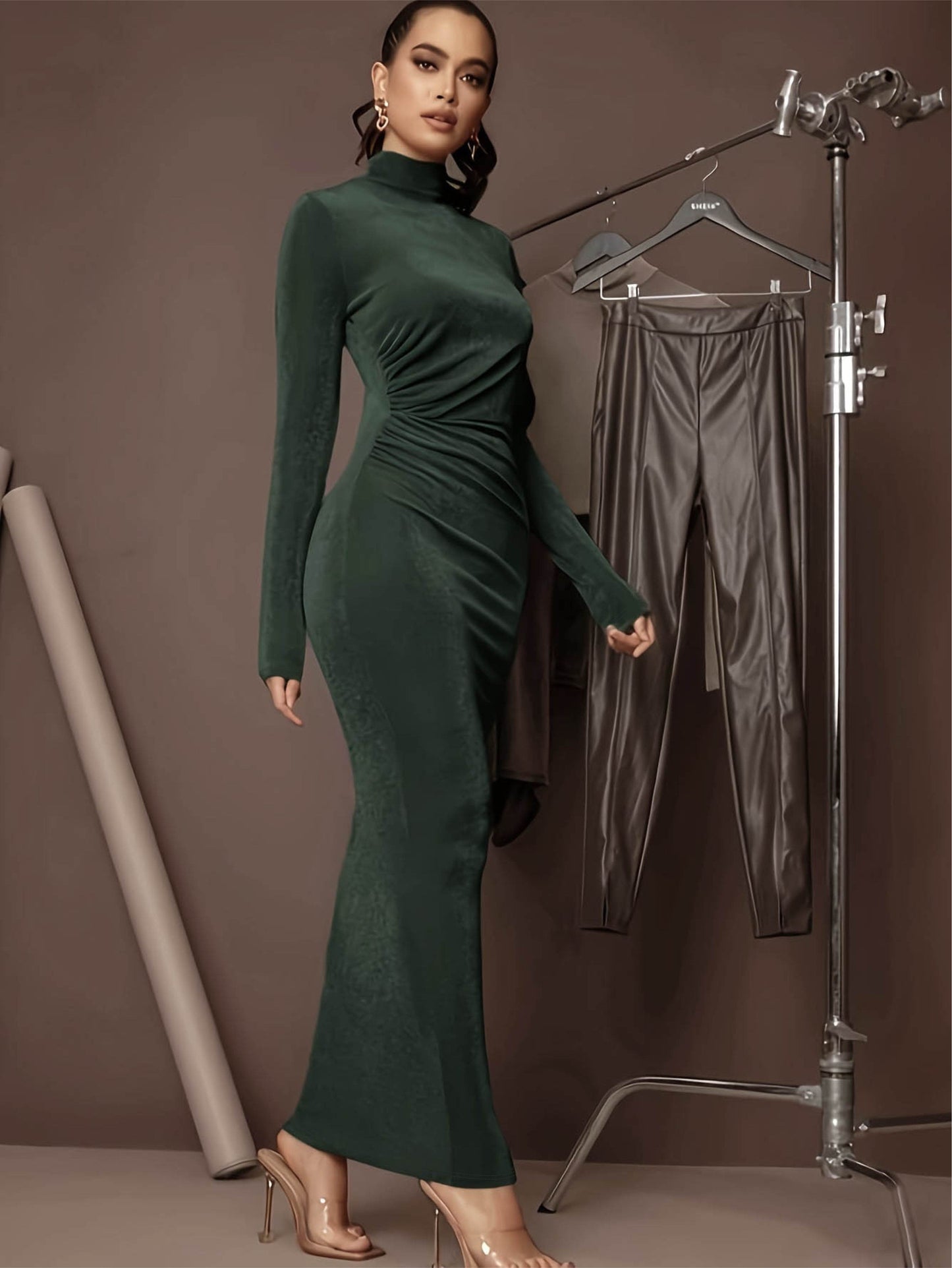 Solid Bodycon Maxi Dress, Casual Mock Neck Long Sleeve Dress, Women's Clothing