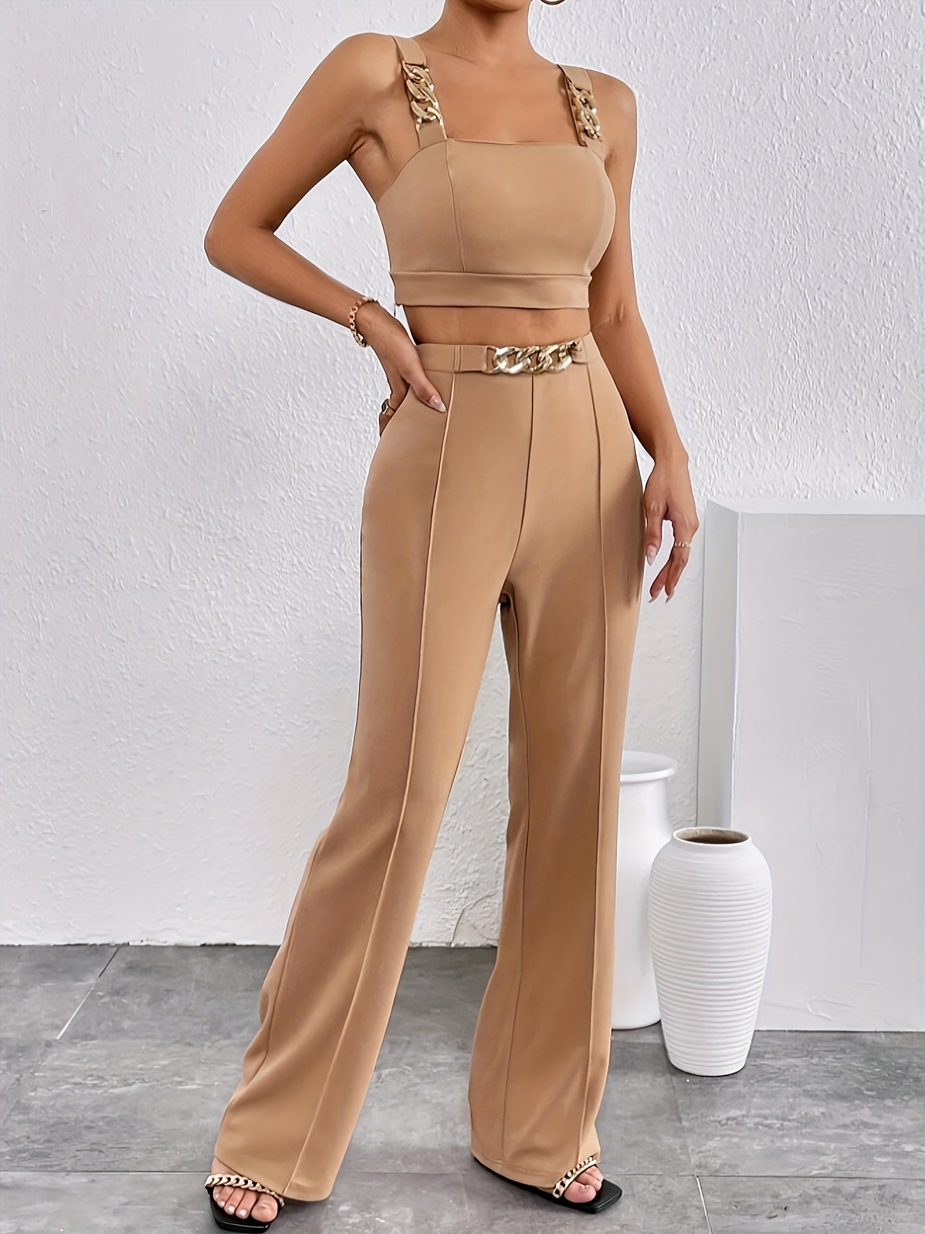 vlovelaw Elegant Solid Color Two-piece, Chain Strap Backless Crop Top & High Waist Straight Leg Pants Outfits, Women's Clothing