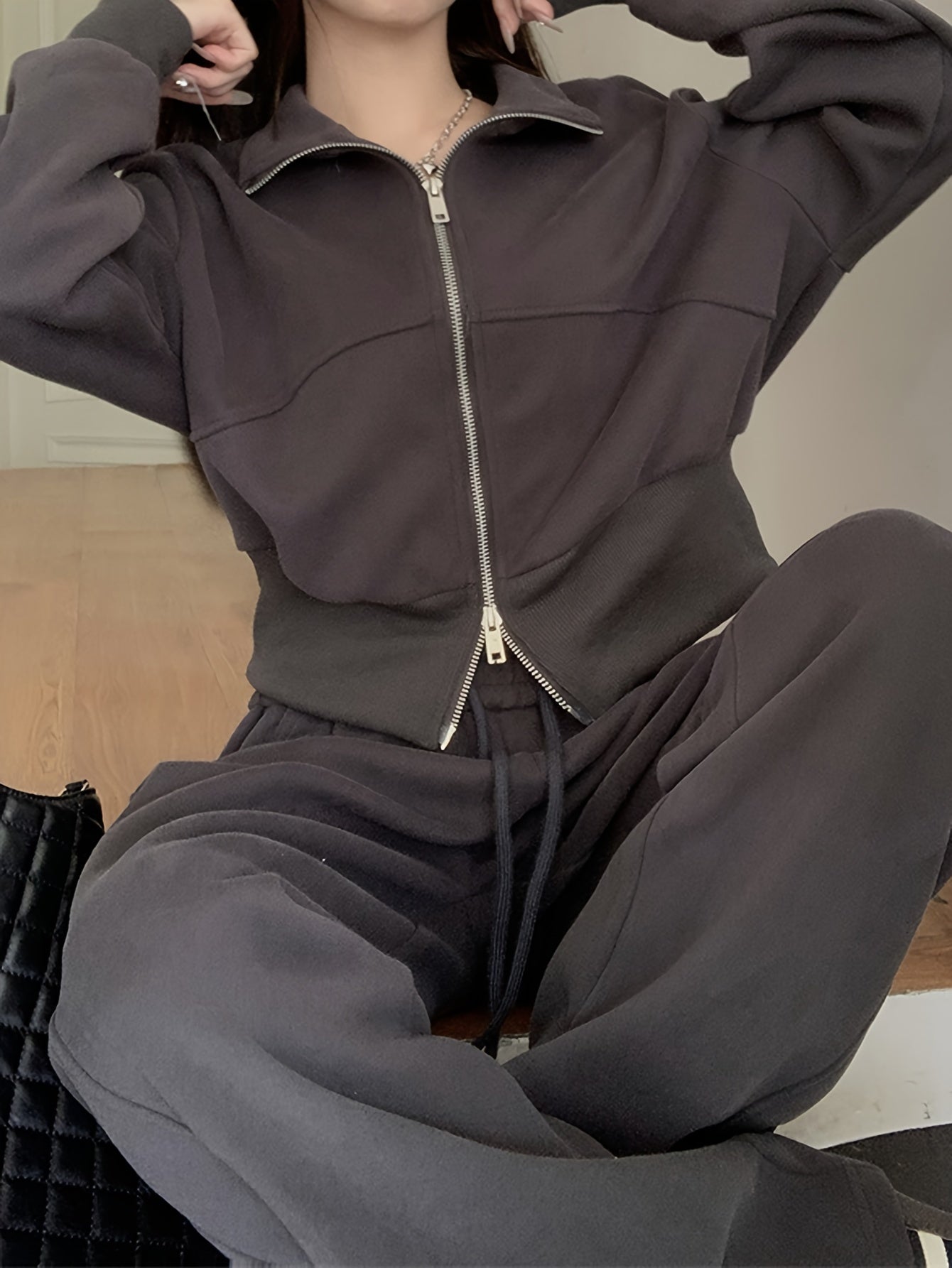 Solid Color Two-way Zipper Sweatshirt, Stylish Long Sleeve Lapel Sweatshirt For Fall & Winter, Women's Clothing