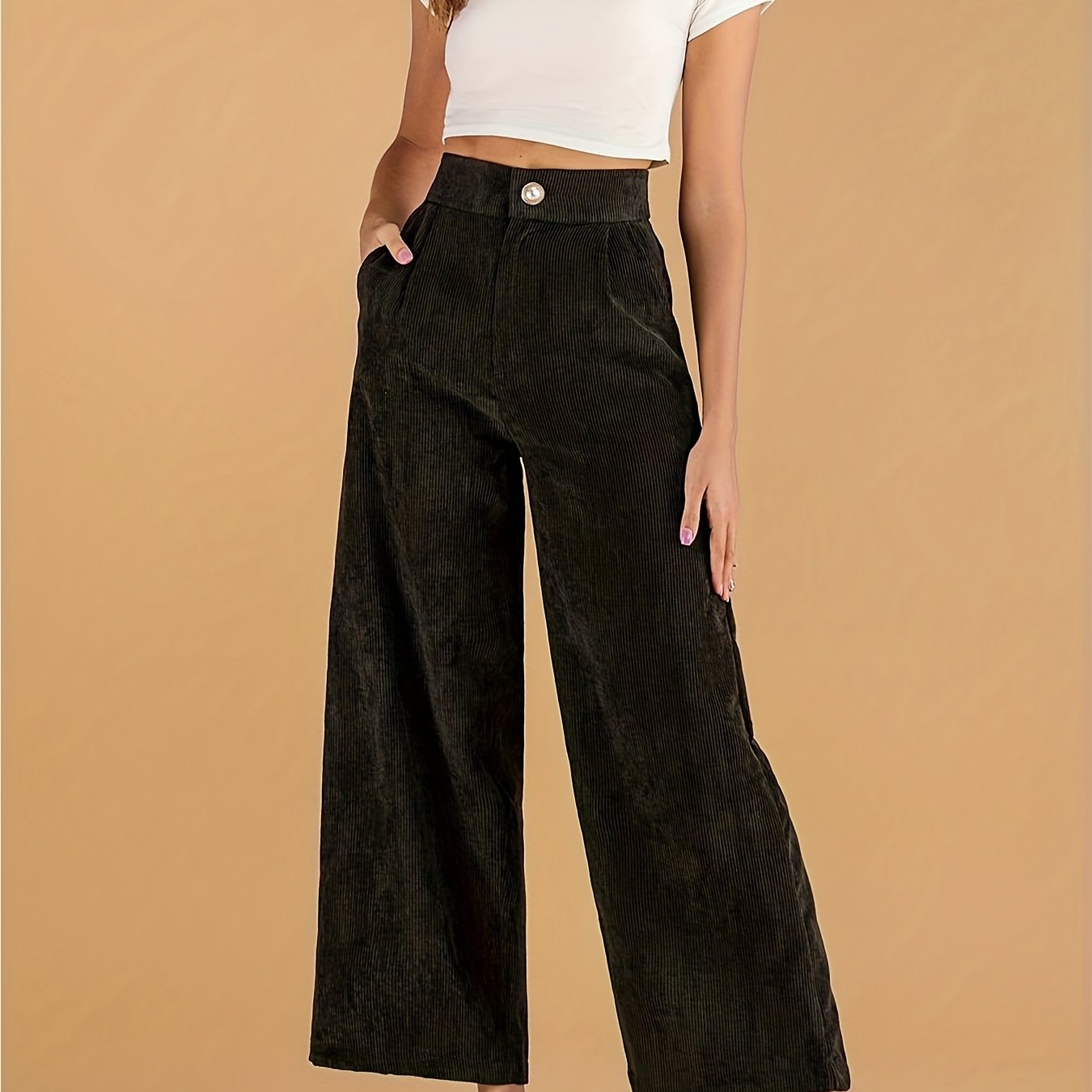 Solid Corduroy Wide Leg Pants, Casual High Waist Slant Pocket Pants, Women's Clothing