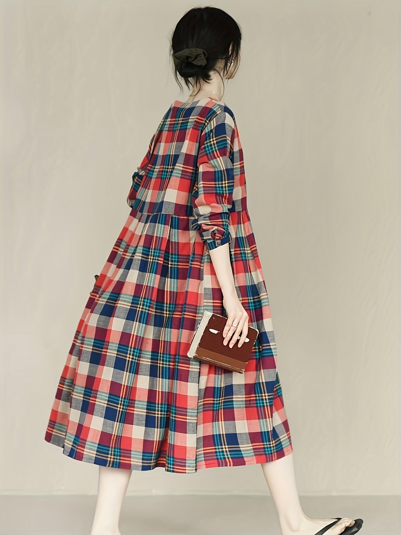 vlovelaw Plaid Print Loose Dress, Random Print Long Sleeve Casual Dress For Fall & Spring, Women's Clothing