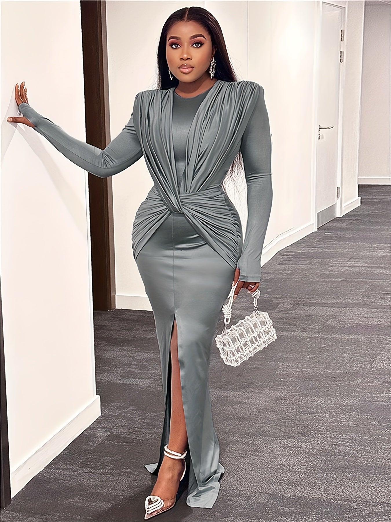 vlovelaw Asymmetrical Split Hem Maxi Dress, Y2K Long Sleeve Dress, Women's Clothing