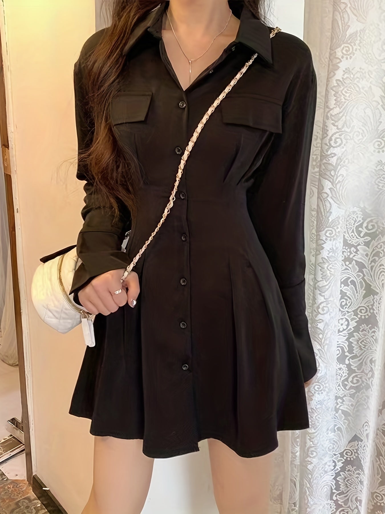 vlovelaw Button Front Tucked Dress, Casual Solid Long Sleeve Collared Shirt Dress, Women's Clothing