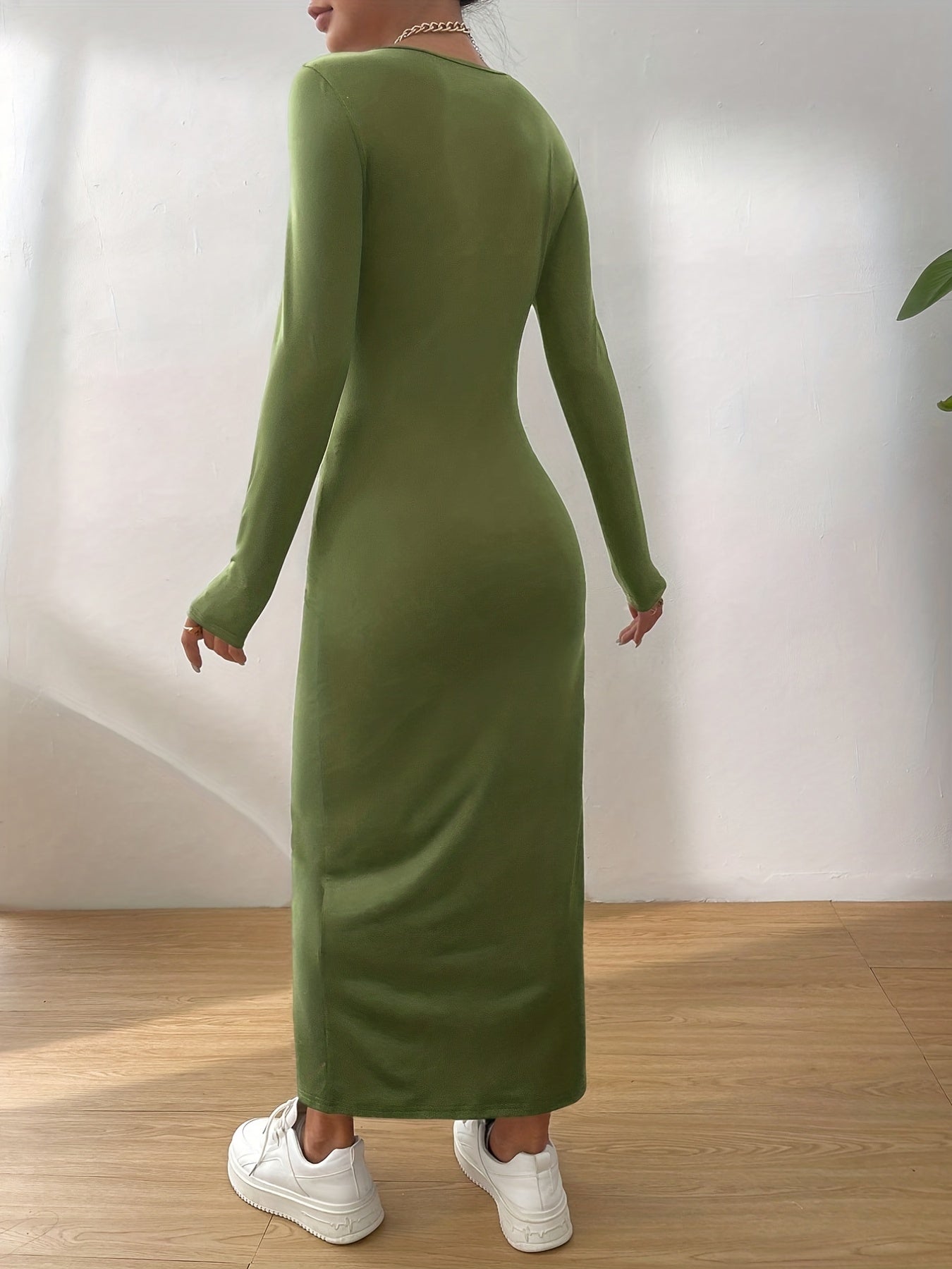 Solid Crew Neck Slim Dress, Elegant Long Sleeve Midi Dress, Women's Clothing