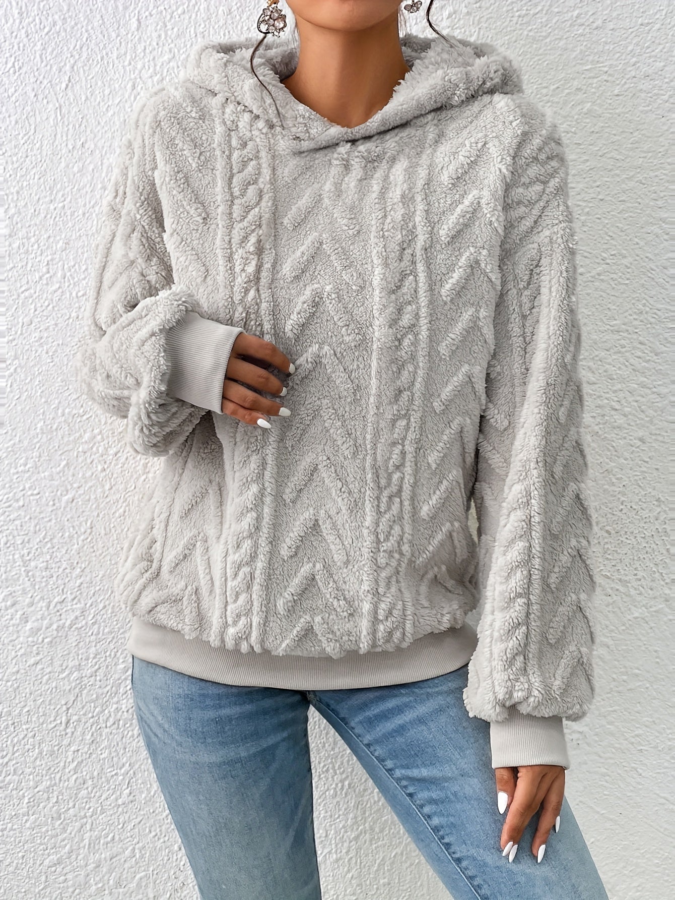 vlovelaw Textured Hoodie Plush Sweatshirt, Casual Long Sleeve Hoodies Sweatshirt, Women's Clothing