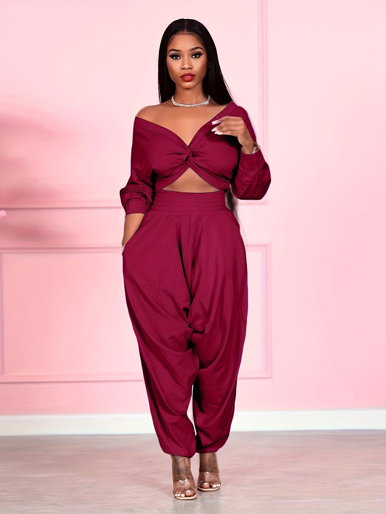 Solid Two Piece Set, V-neck Off Shoulder Crop Top & High Waist Elastic Pants, Women's Clothing
