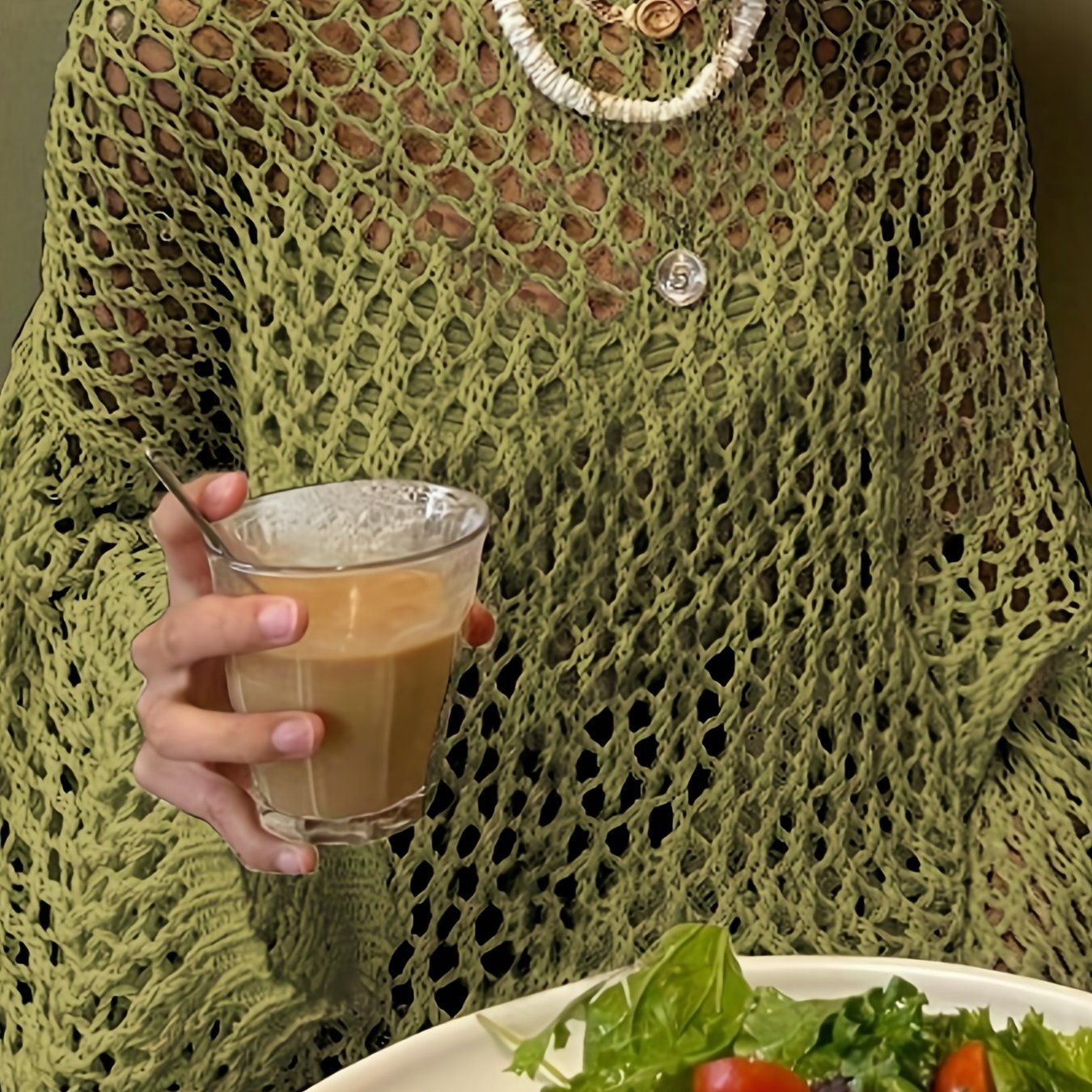 vlovelaw Crochet Cut Out Cover Up Top, Y2K Long Sleeve Crew Neck Top, Women's Clothing