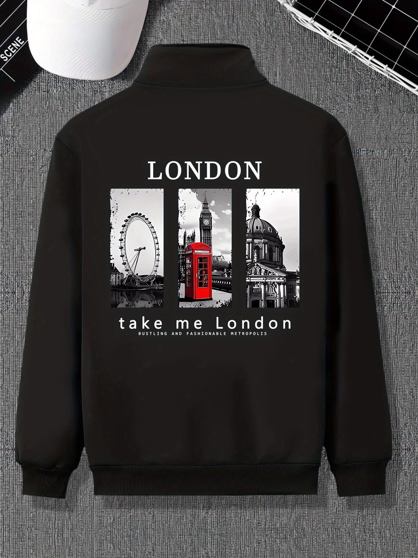 Plus Size Men'S Varsity Jacket with Stand Collar, Casual Polyester Blend, Zipper Closure, Regular Fit, No Lining, Stretch Fabric, Pockets, London Print Design