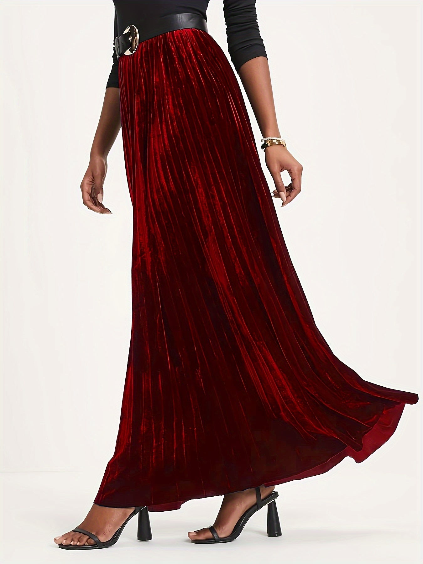 Plus Size Retro Skirt, Women's Plus Solid Velvet Elastic High Rise Maxi Pleated Skirt