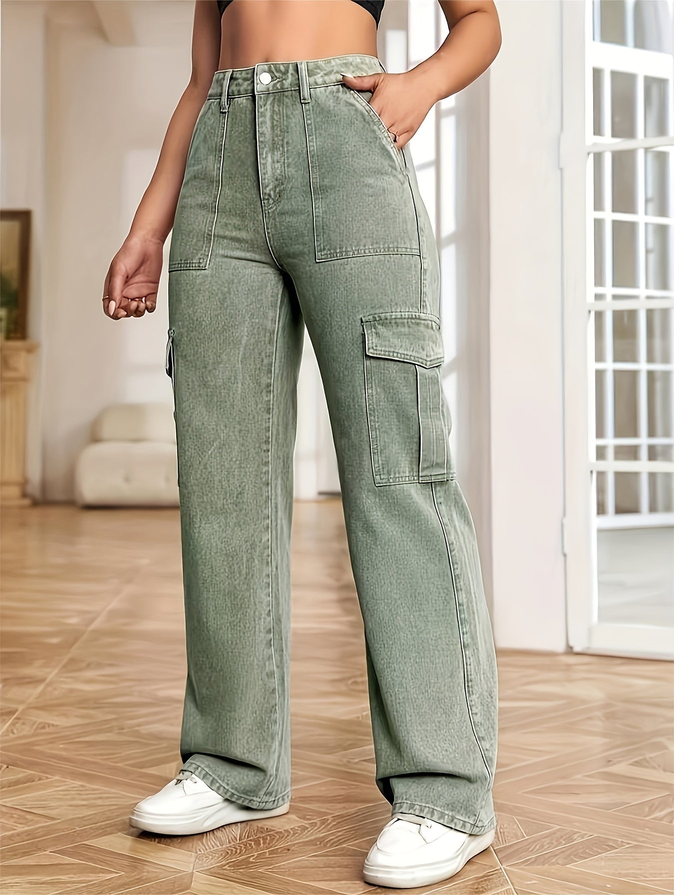 vlovelaw Washed Flap Pockets Cargo Pants, Loose Fit Y2K & Kpop Style Straight Jeans, Women's Denim Jeans & Clothing