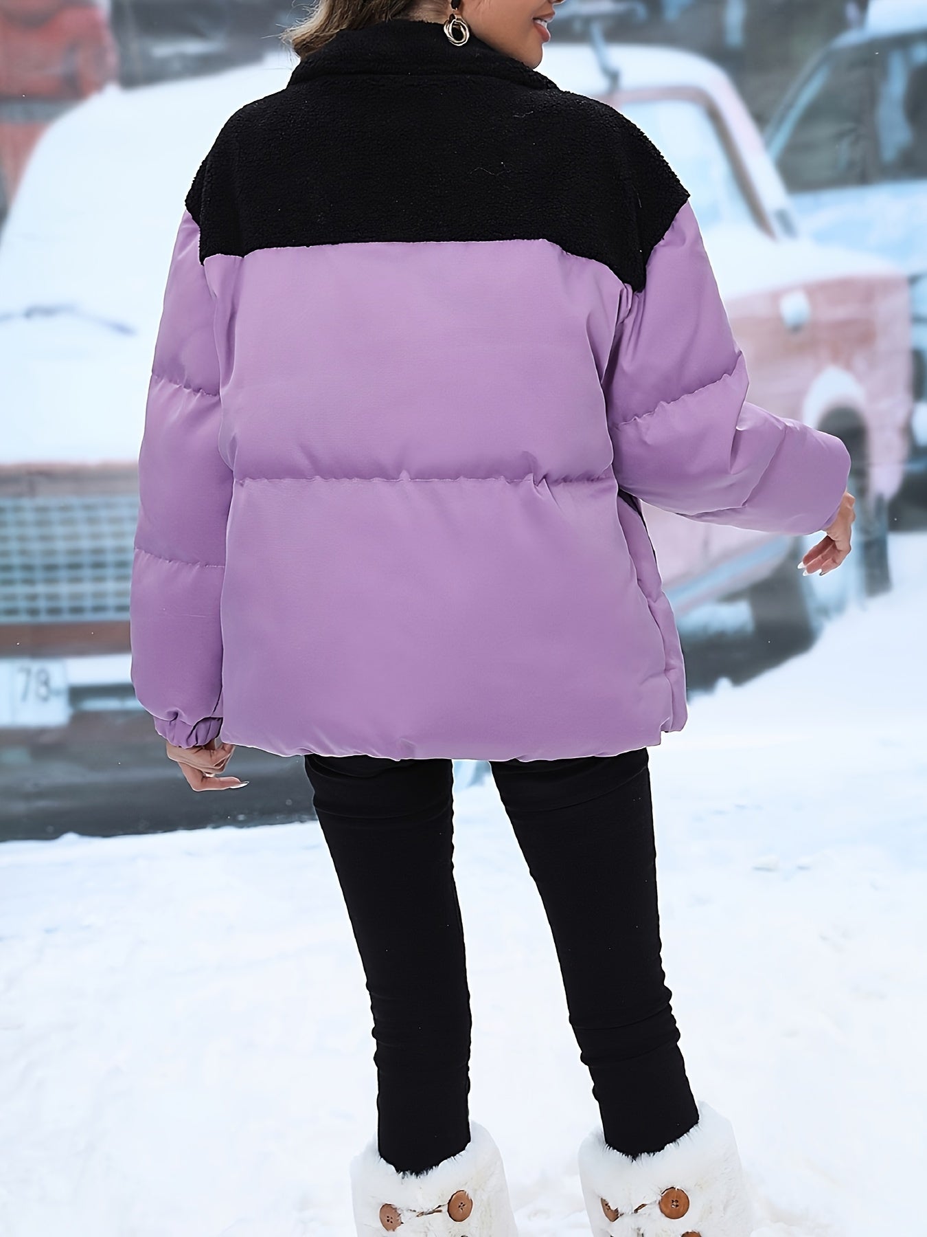 Color Block Zip Up Warm Coat, Casual Long Sleeve Winter Outerwear, Women's Clothing