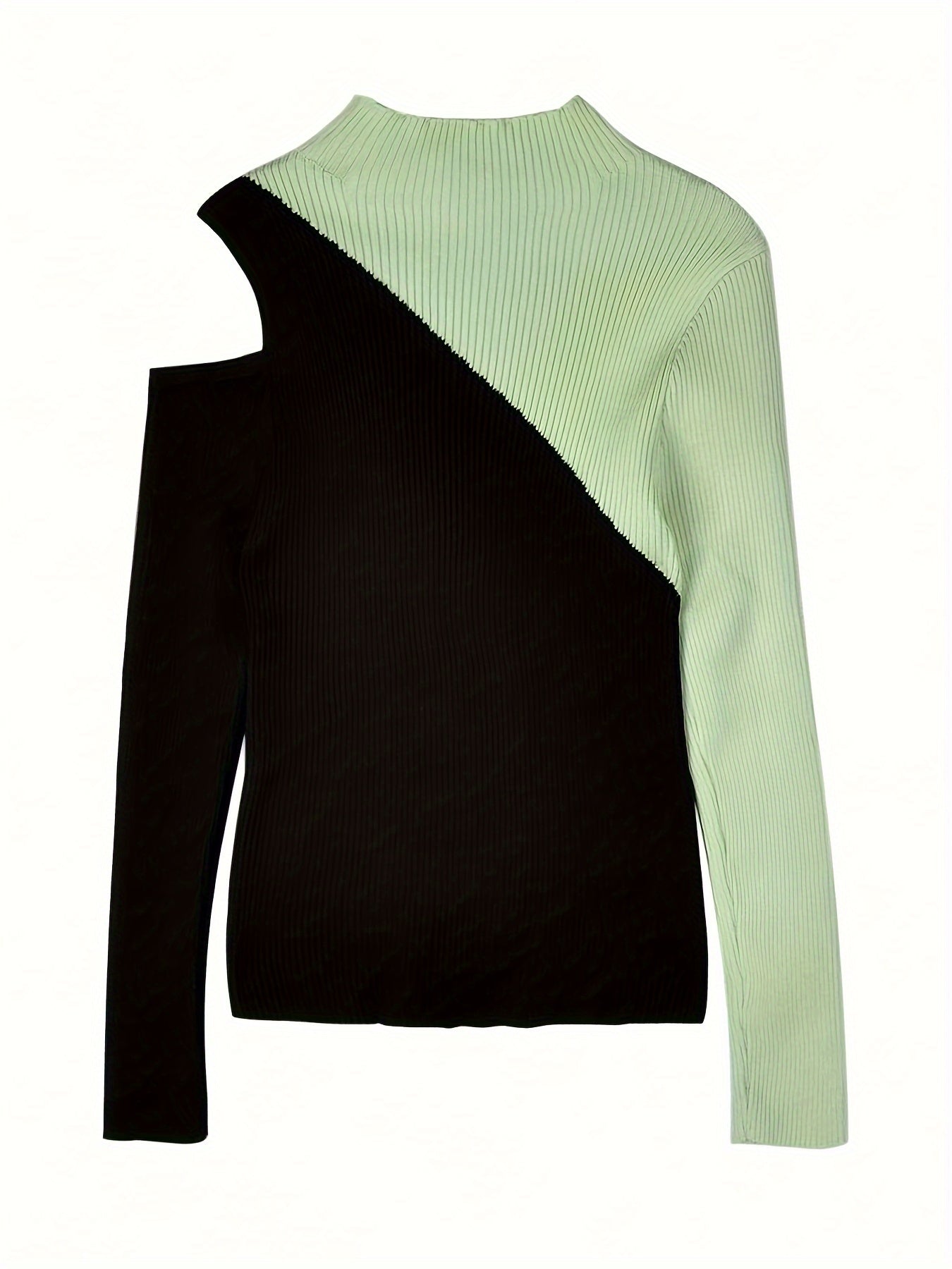 vlovelaw Color Block Pullover Sweater, Casual Cold Shoulder Mock Neck Long Sleeve Top, Women's Clothing