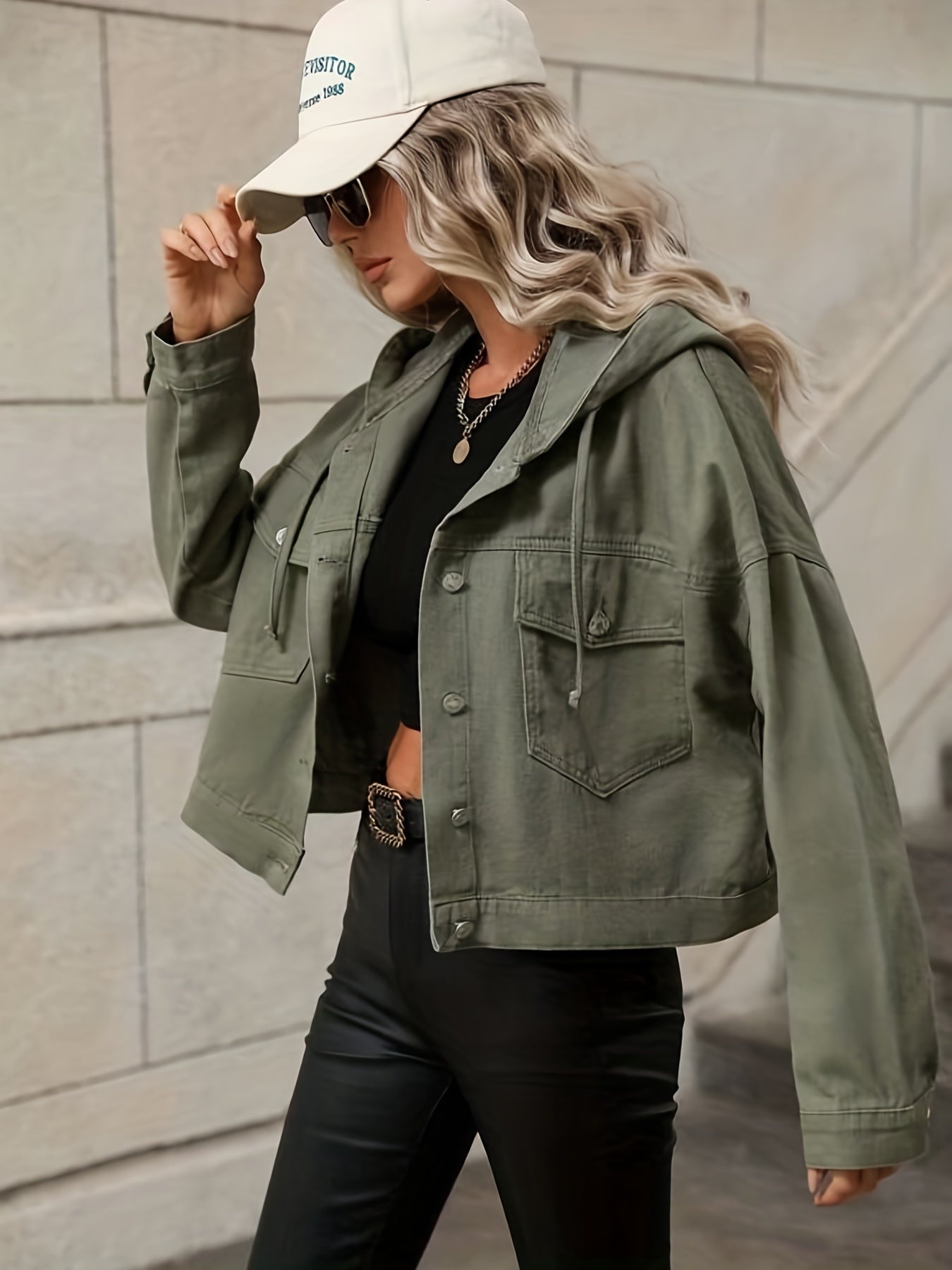 Green Long Sleeves Denim Jackets, Flap Pockets Non-Stretch Hooded Denim Coats, Women's Denim Clothing