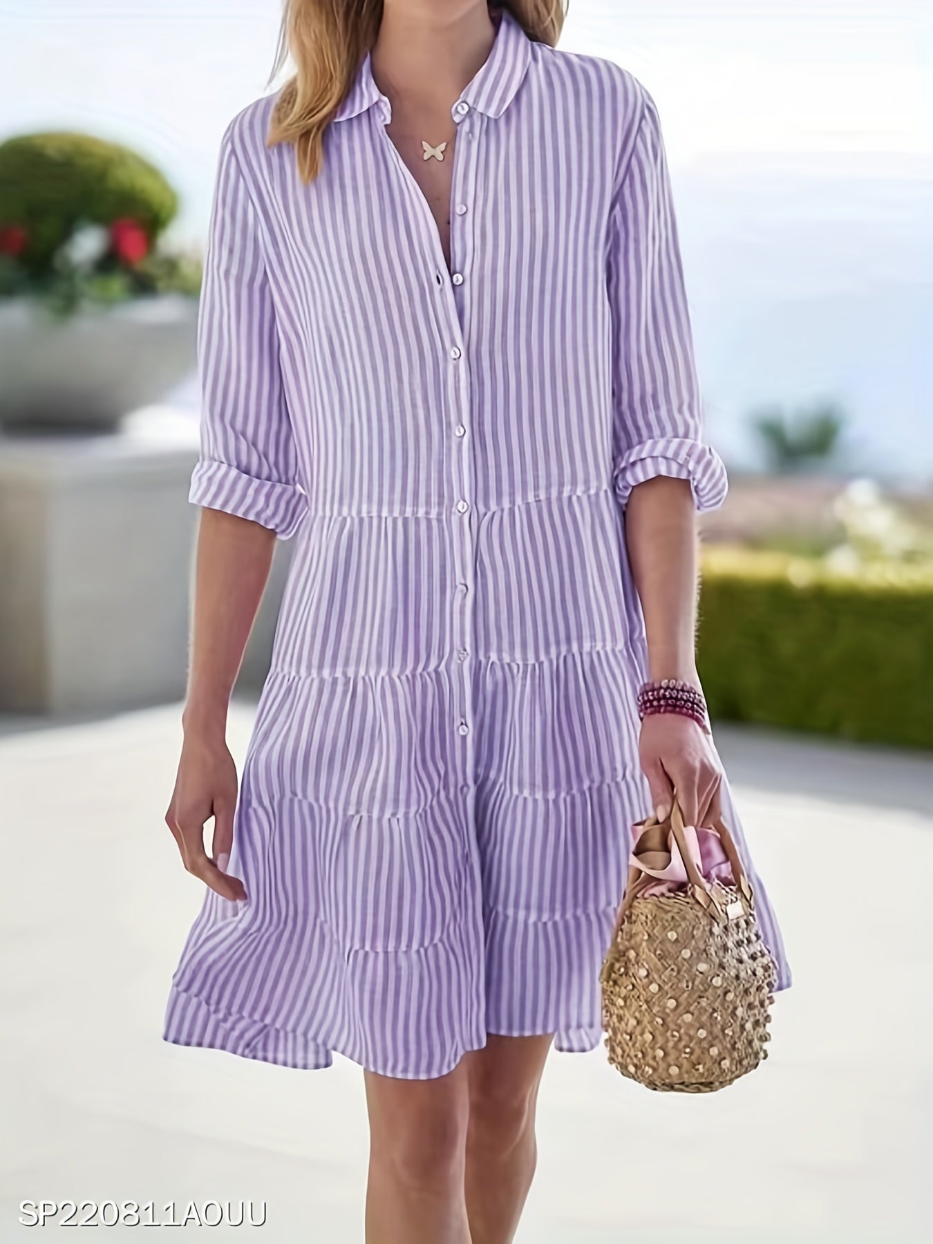 vlovelaw Striped Ruffle Layered Hem Shirt Dress, Casual Button Long Sleeve Tiered Dress, Women's Clothing