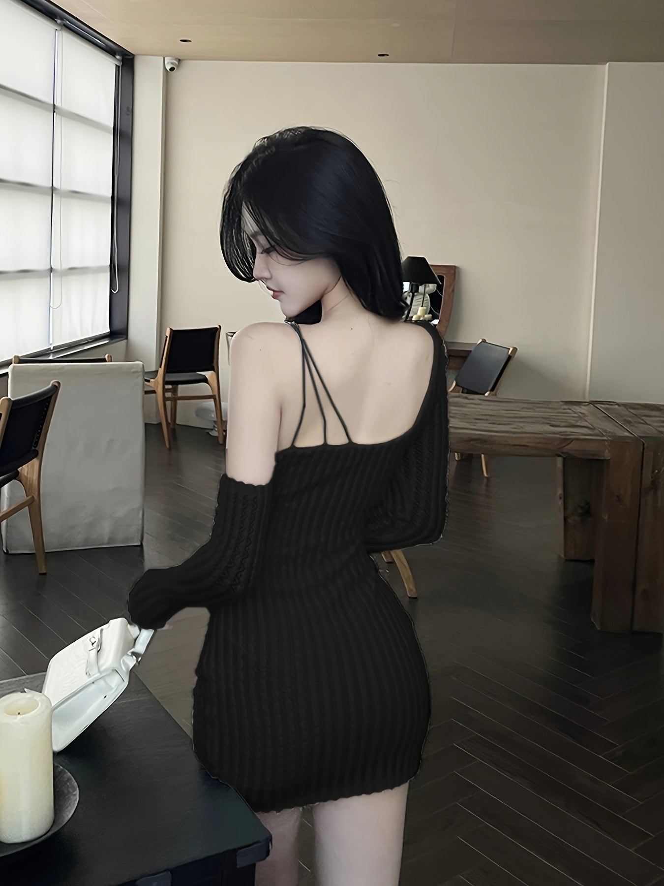 vlovelaw Solid Asymmetrical Neck Bodycon Dress, Sexy Long Sleeve Mini Dress For Spring & Fall, Women's Clothing