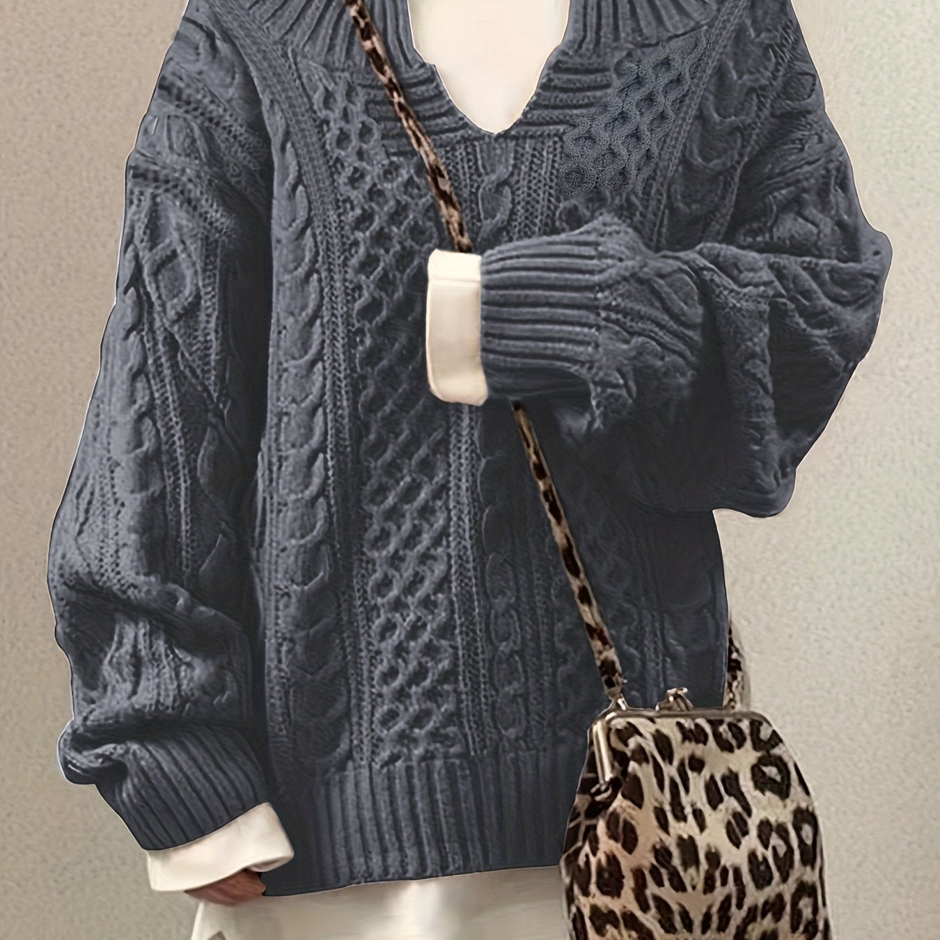 vlovelaw Solid Notched Neck Pullover Sweater, Casual Long Sleeve Sweater For Fall & Winter, Women's Clothing