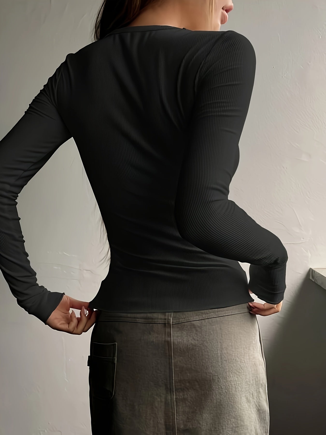 vlovelaw Solid Button Front Slim T-shirt, Versatile Long Sleeve T-shirt For Spring & Fall, Women's Clothing