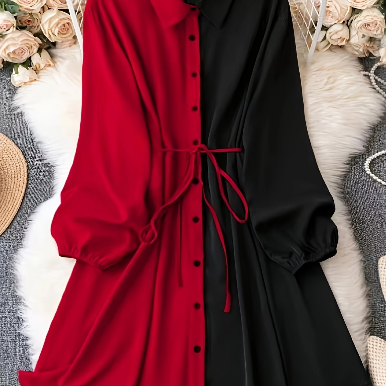 vlovelaw Plus Size Casual Dress, Women's Plus Colorblock Lantern Sleeve Button Up Lapel Collar Belted Shirt Dress