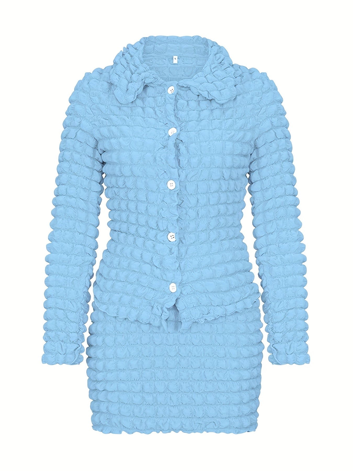 vlovelaw Popcorn Style Two-piece Skirt Set, Button Front Top & Textured Skirt Outfits, Women's Clothing