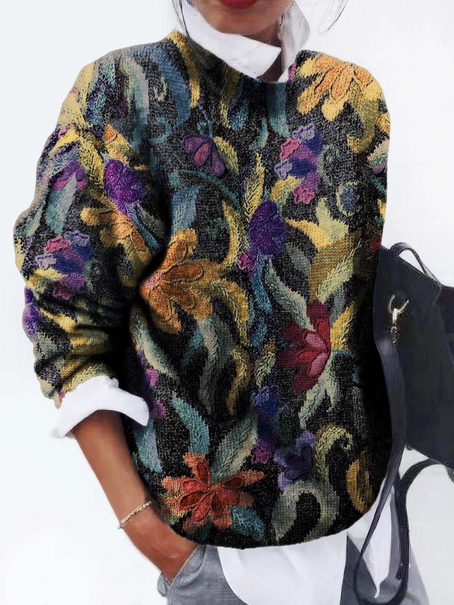 Floral Pattern Crew Neck Pullover Sweater, Casual Long Sleeve Loose Thick Sweater, Women's Clothing