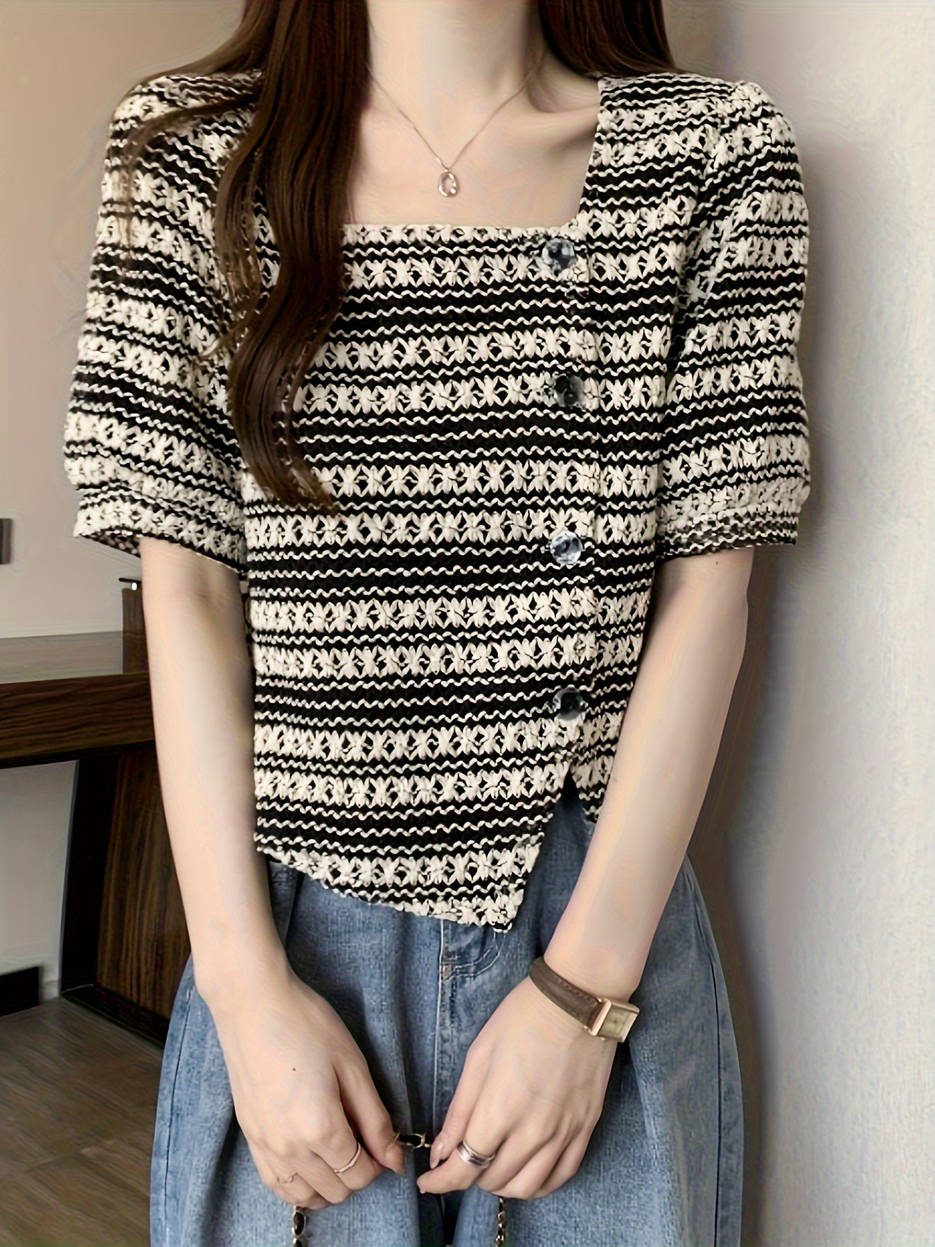 vlovelaw Striped Pattern Button Decor Blouse, Versatile Square Neck Short Sleeve Blouse For Spring & Summer, Women's Clothing