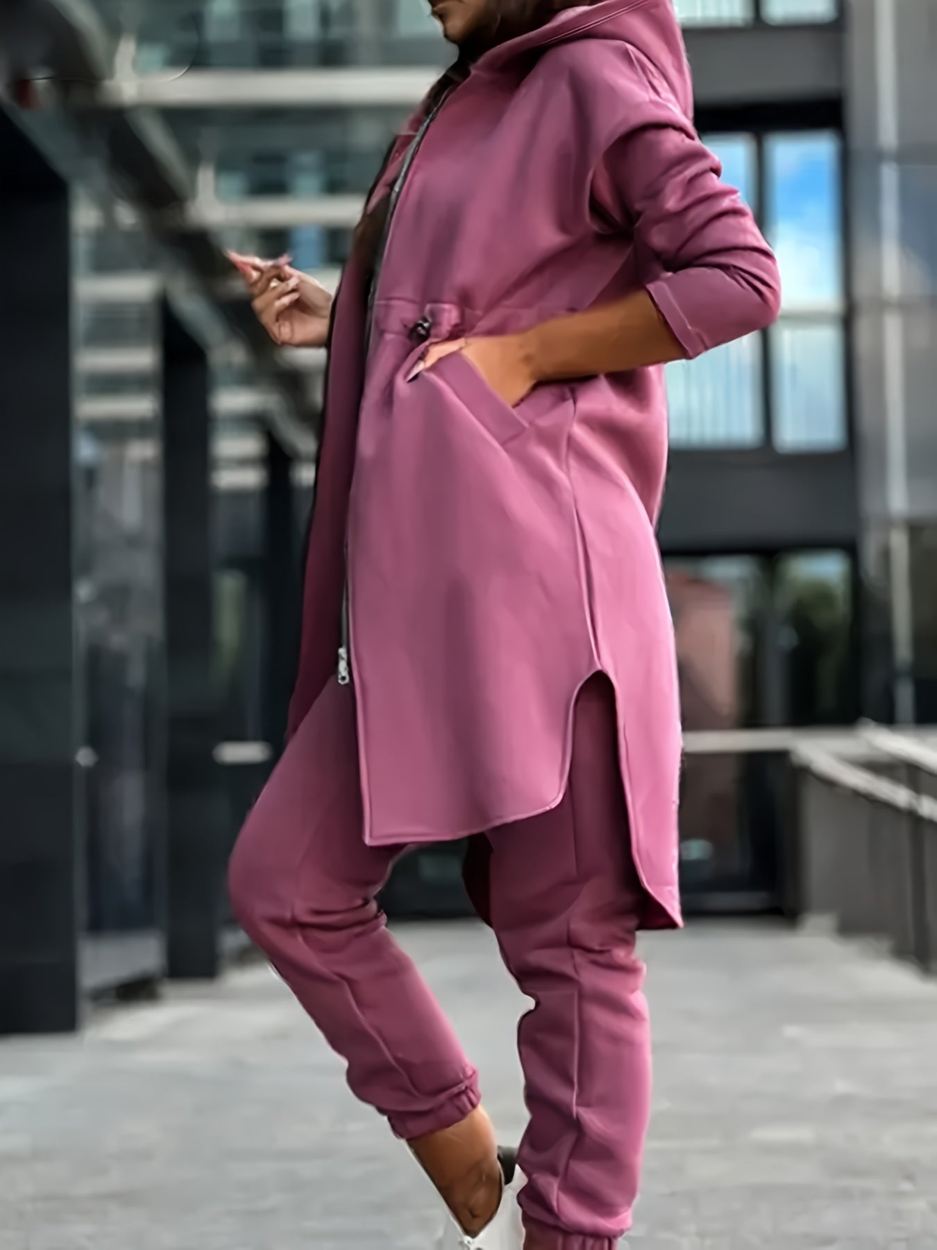 Solid Casual Two-piece Set, Zip Up Mid Length Hooded Tops & Long Length Jogger Pants Outfits, Women's Clothing