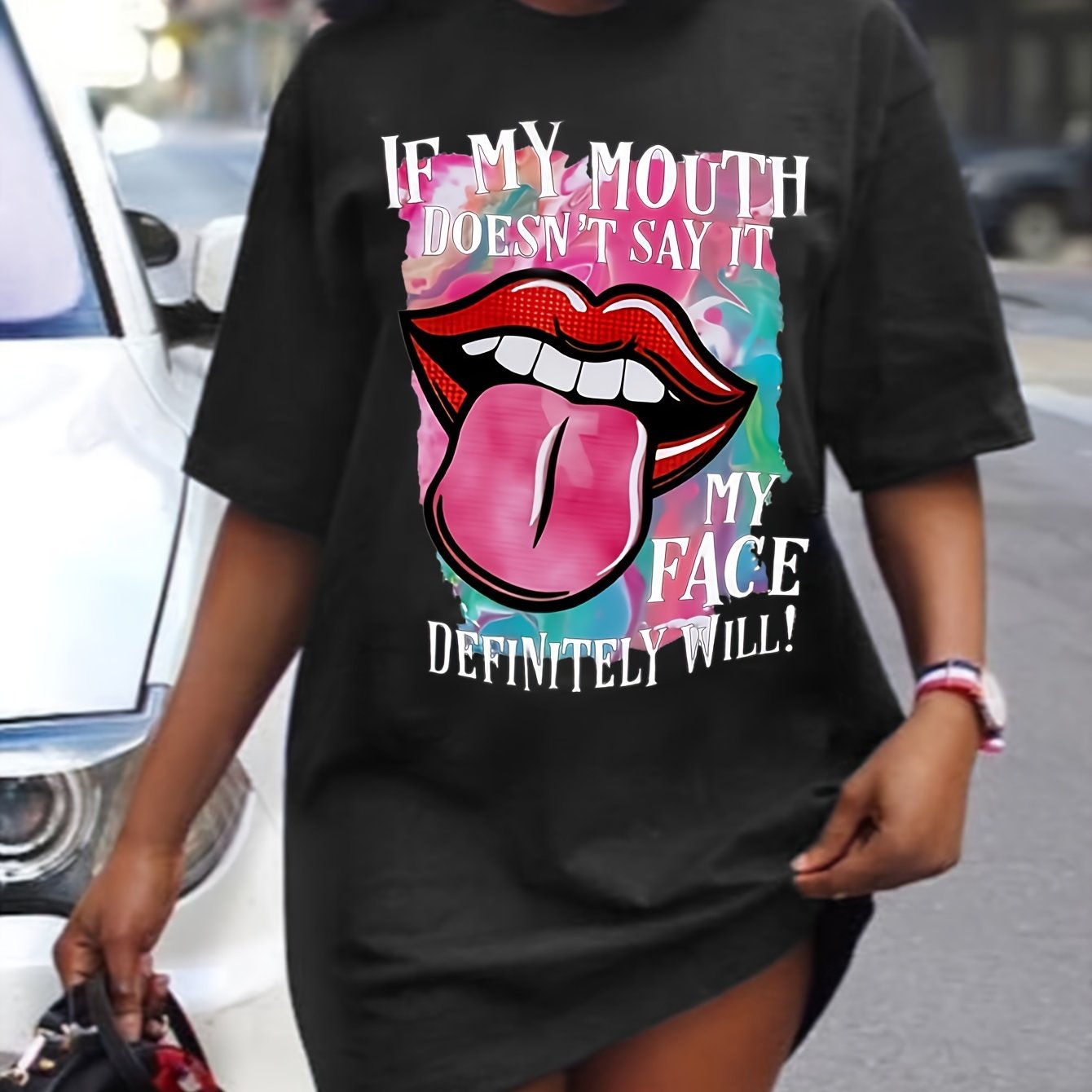 Lips Print Mini Tee Dress, Short Sleeve Crew Neck Casual Dress For Summer & Spring, Women's Clothing