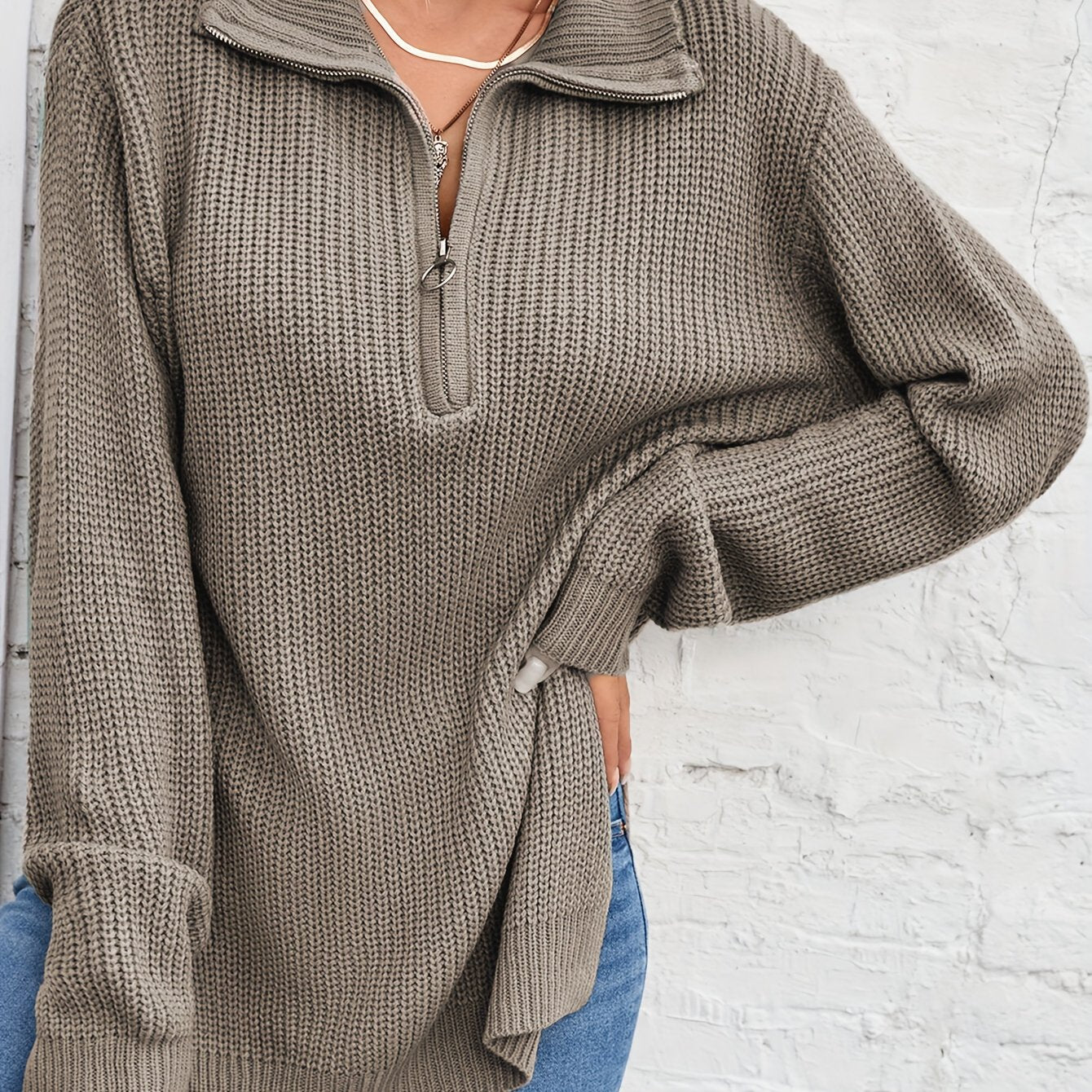 vlovelaw Long Sleeve Half Zip Sweater, Side Slit Casual Sweater For Winter & Fall, Women's Clothing