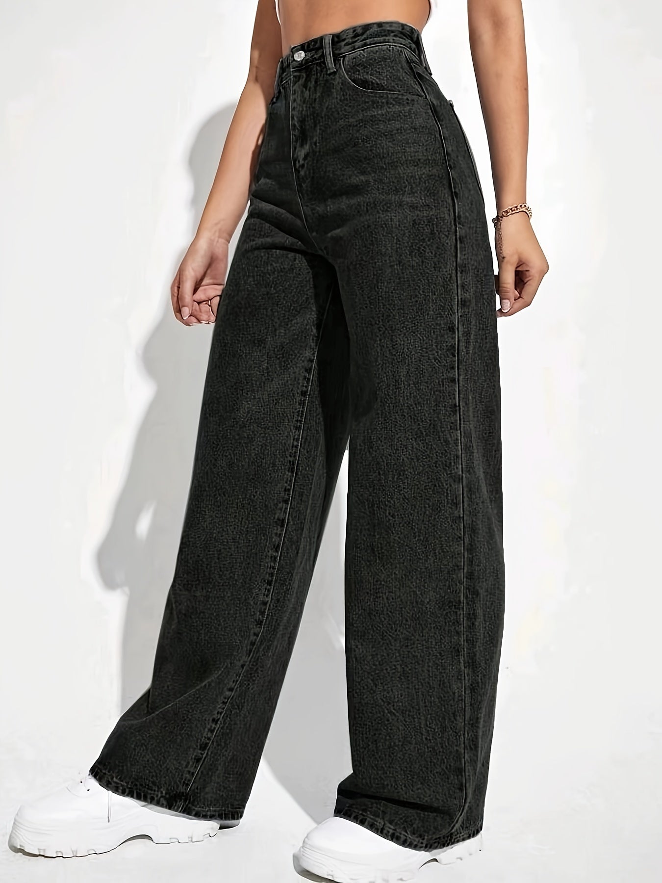 vlovelaw Plain Loose Fit Baggy Jeans, Slant Pockets Non-Stretch Casual Wide Legs Jeans, Women's Denim Jeans & Clothing