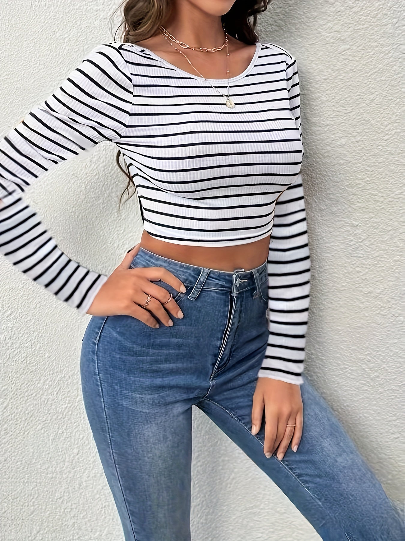 Stripe Print Bow Back Crop T-Shirt, Casual Crew Neck Long Sleeve Top For Spring & Fall, Women's Clothing
