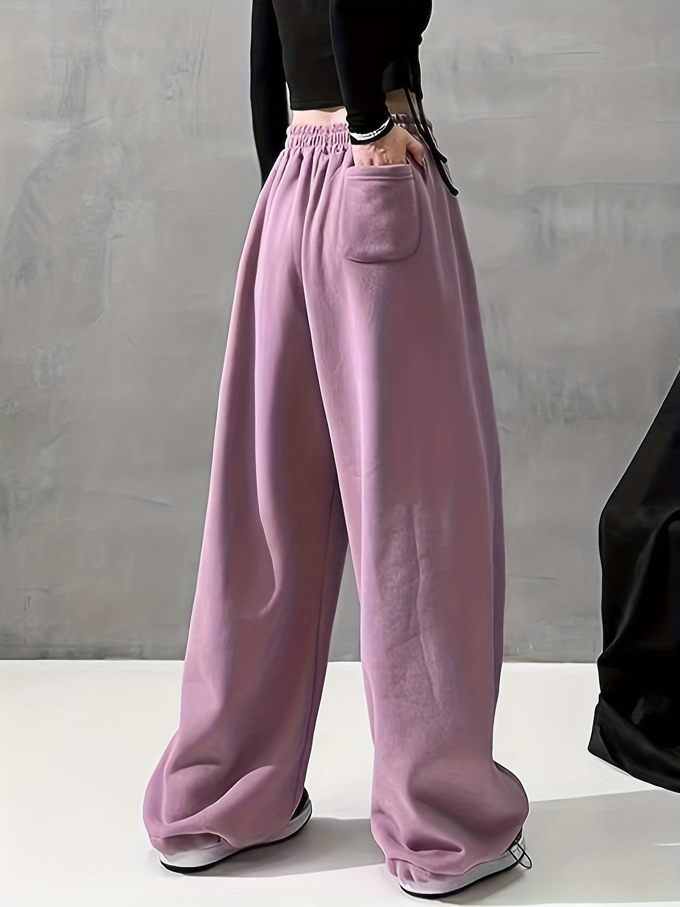 vlovelaw Solid Comfy Wide Leg Pants, Casual Elastic Waist Loose Pants With Pocket, Women's Clothing