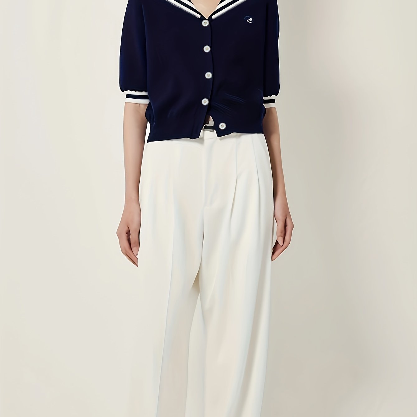 vlovelaw Color Block Button Down Knitted Top, Casual Navy Collar Short Sleeve Sweater For Spring & Summer, Women's Clothing