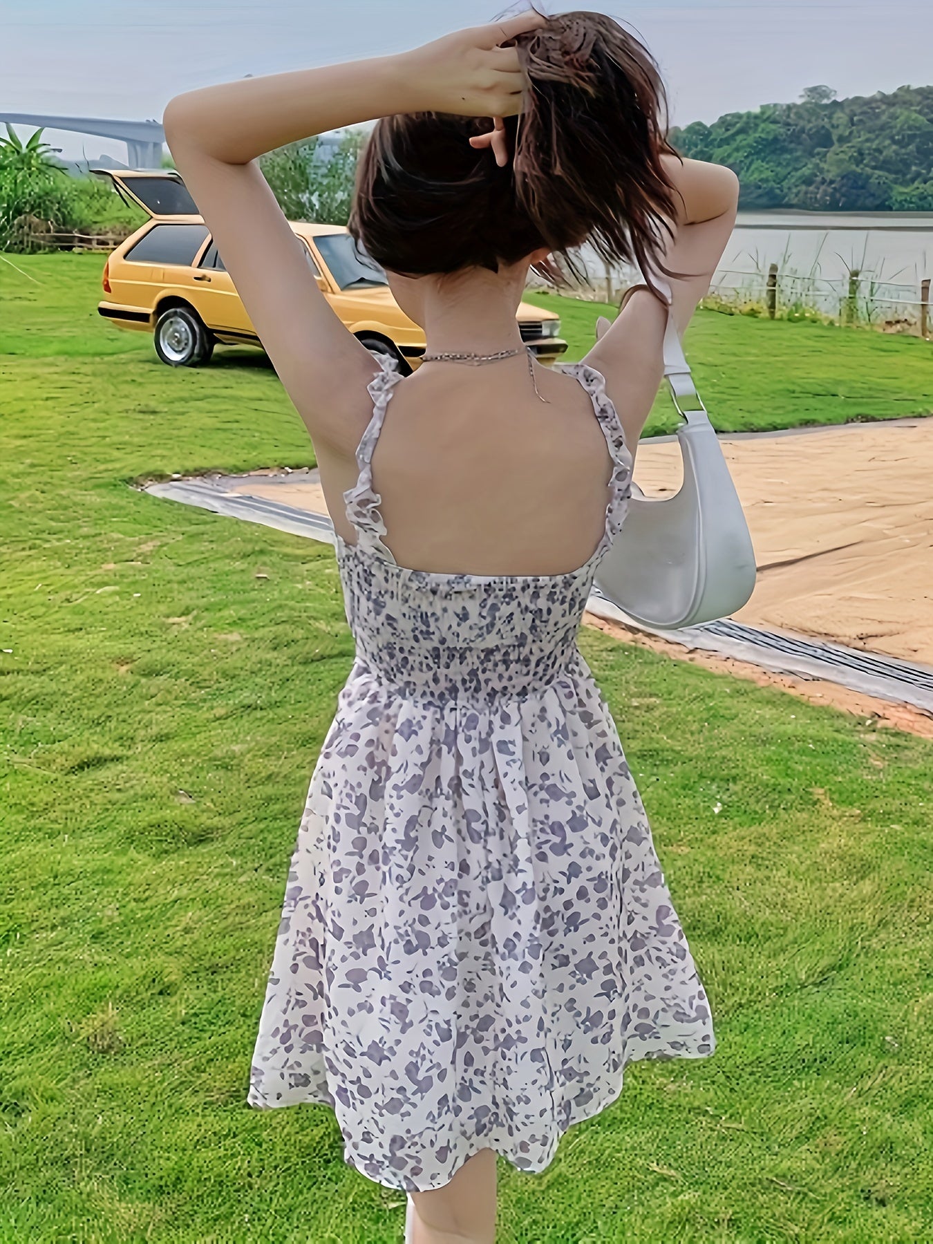 vlovelaw Floral Print Ruched Cami Dress, Elegant Sleeveless Aline Ruffle Hem Dress For Spring & Summer, Women's Clothing