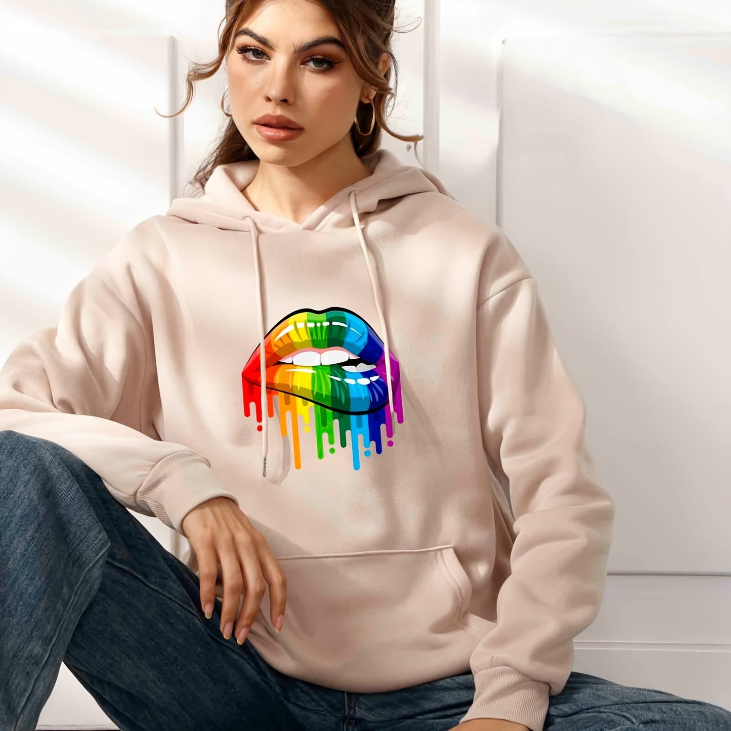 Rainbow Lip Print Casual Hoodies, Drawstring Long Sleeve Kangaroo Pocket Pullover Sweater, Women's Clothing